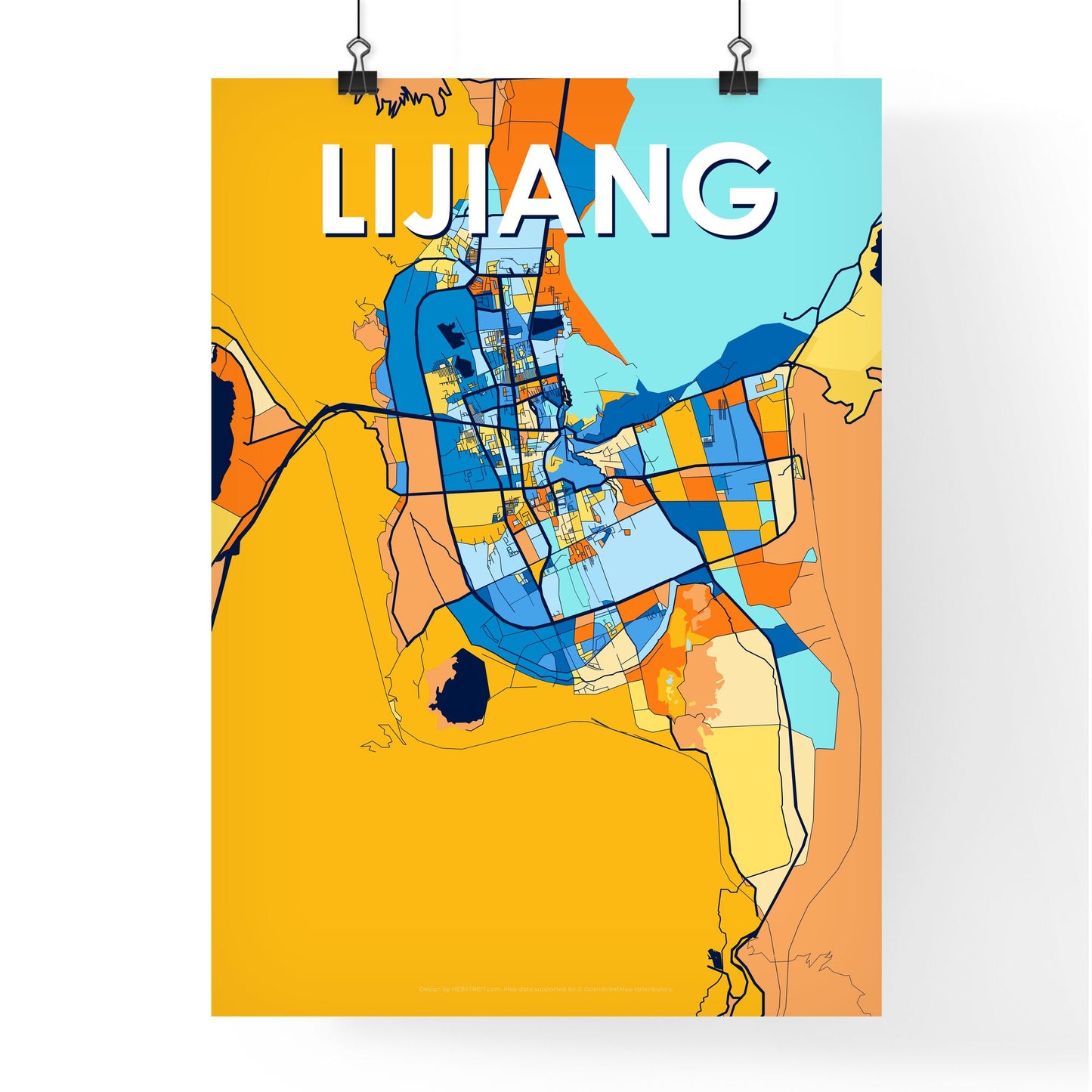 LIJIANG CHINA Vibrant Colorful Art Map Poster Blue Orange