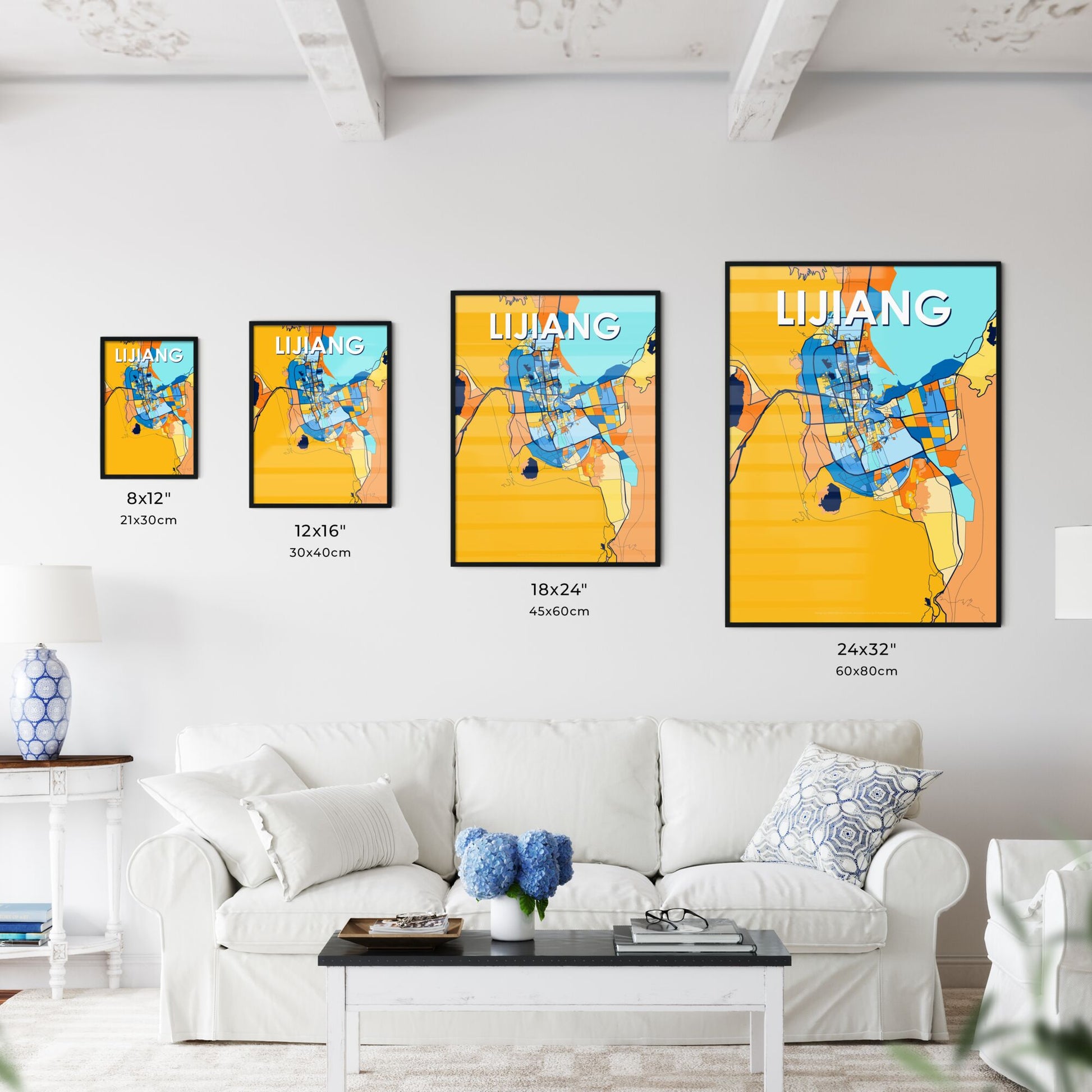 LIJIANG CHINA Vibrant Colorful Art Map Poster Blue Orange