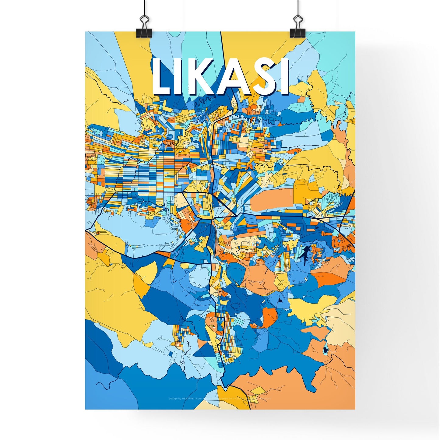 LIKASI DR CONGO Vibrant Colorful Art Map Poster Blue Orange