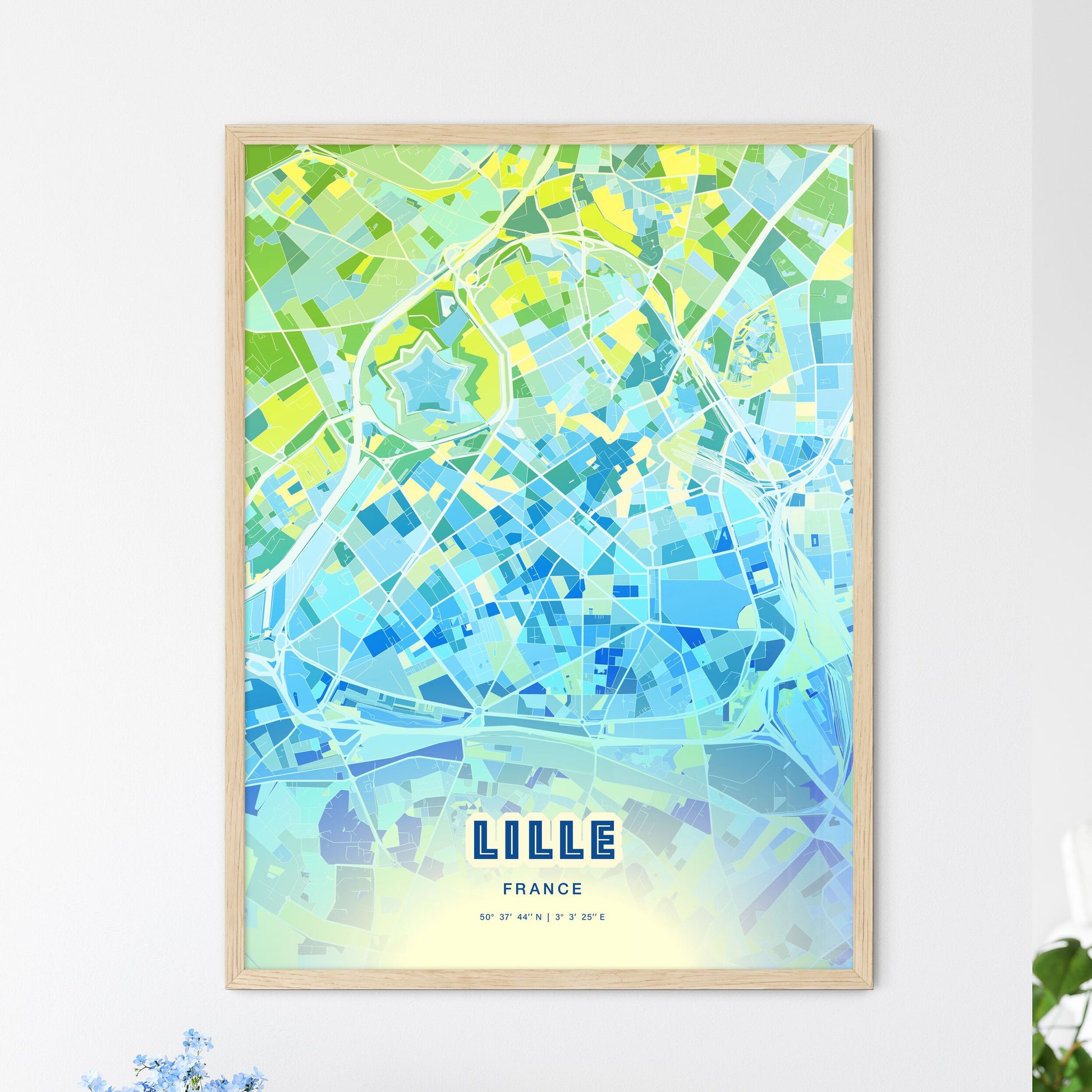 Colorful Lille France Fine Art Map Cool Blue