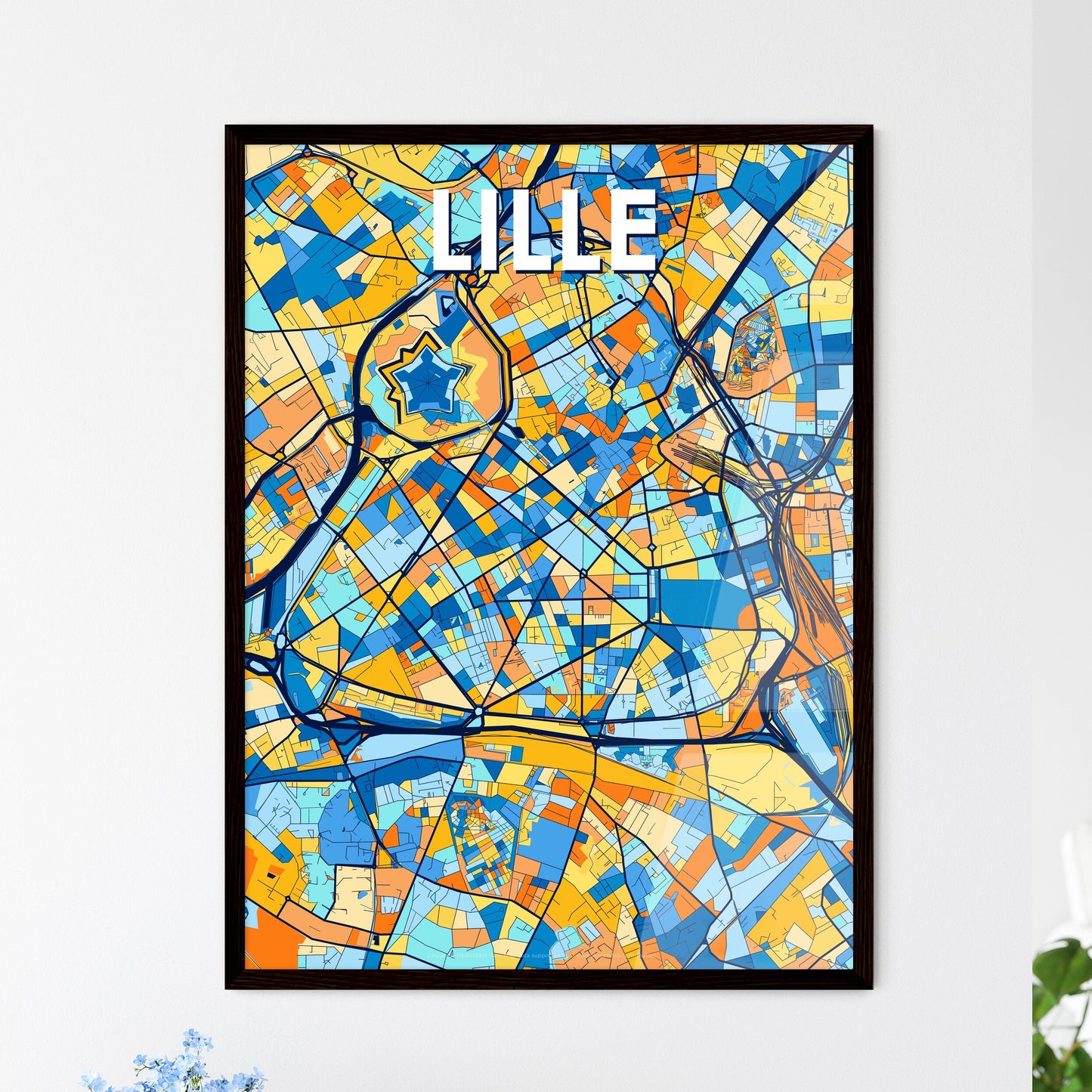 LILLE FRANCE Vibrant Colorful Art Map Poster Blue Orange