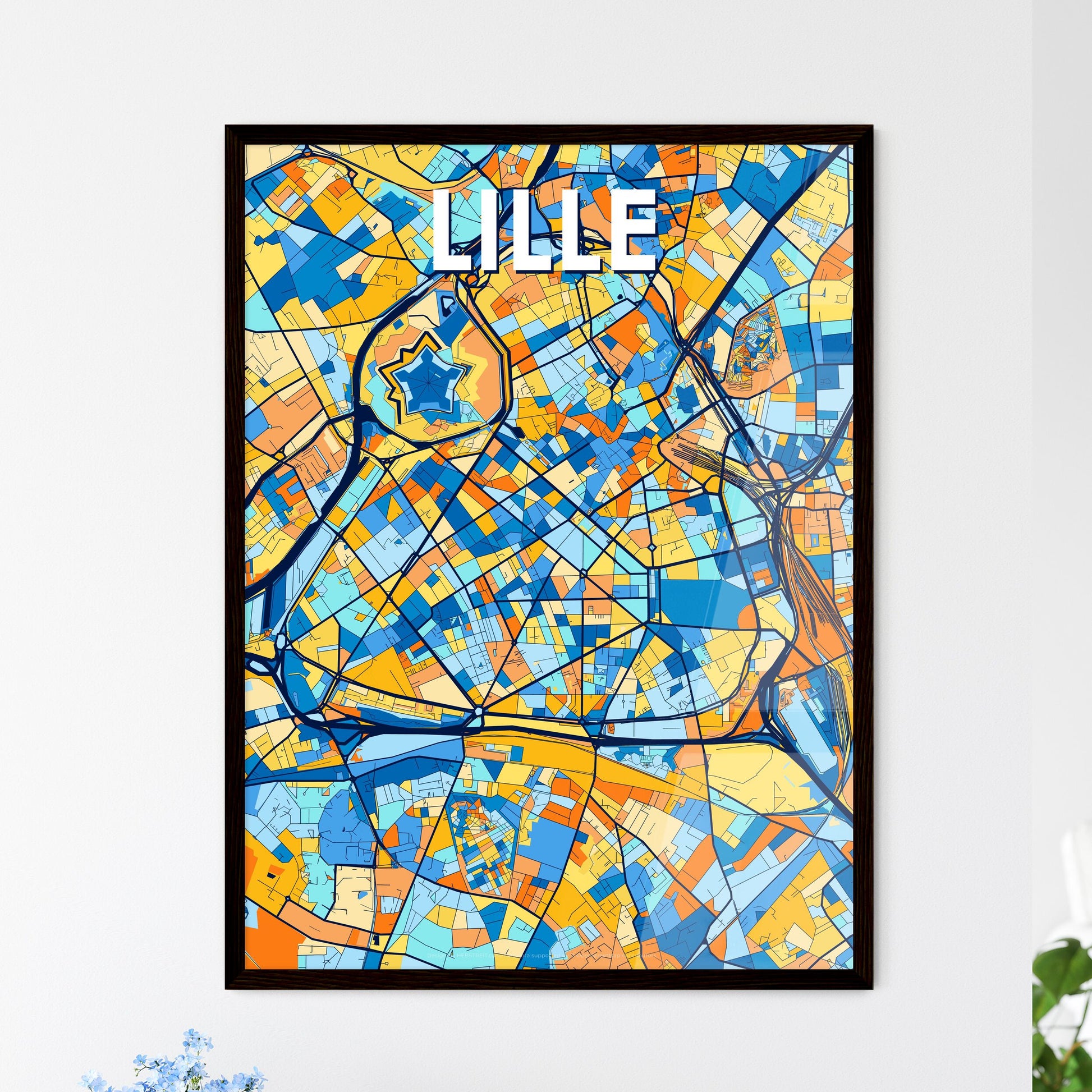 LILLE FRANCE Vibrant Colorful Art Map Poster Blue Orange