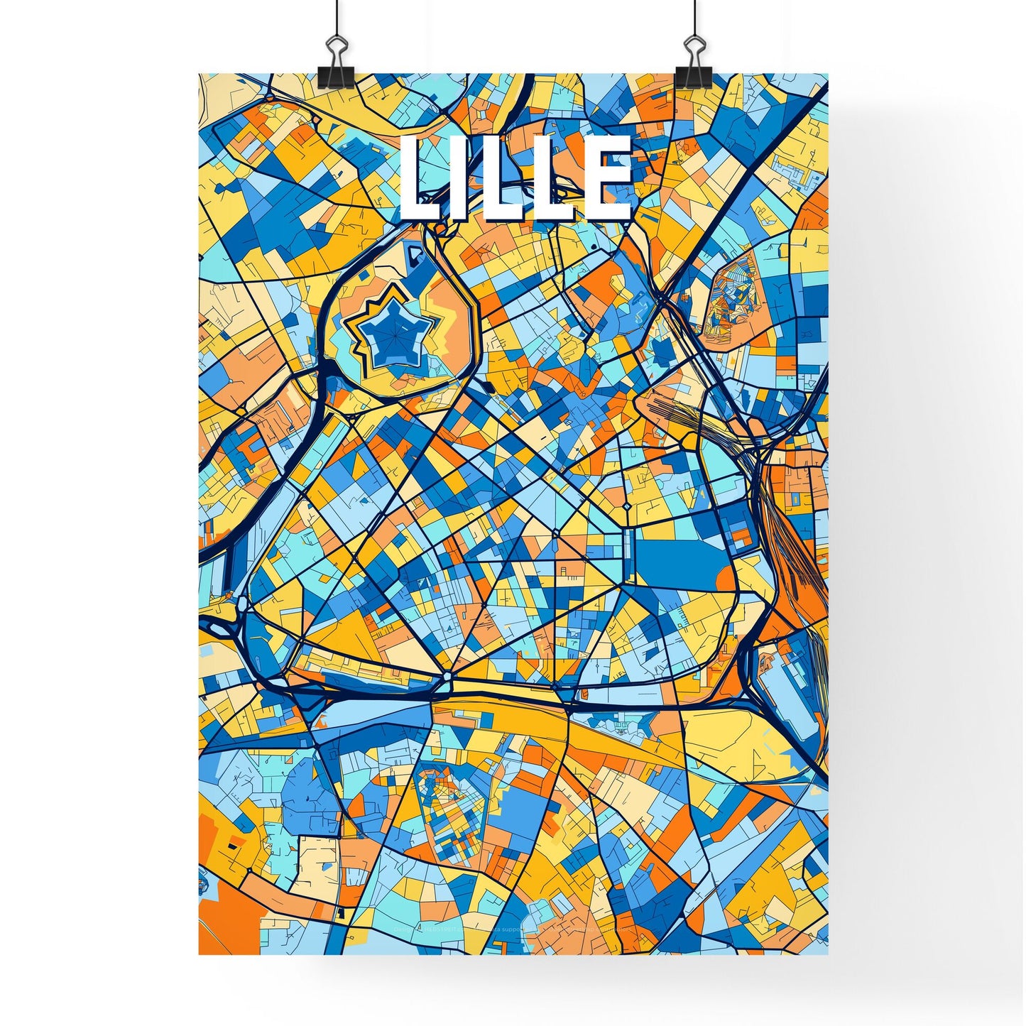 LILLE FRANCE Vibrant Colorful Art Map Poster Blue Orange