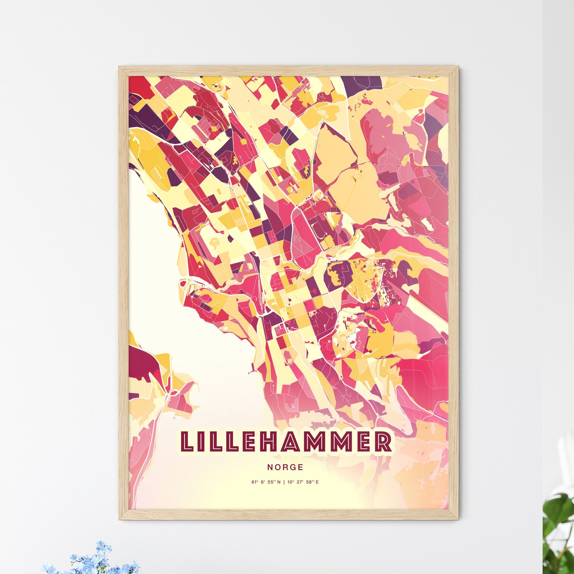 Colorful Lillehammer Norway Fine Art Map Hot Red