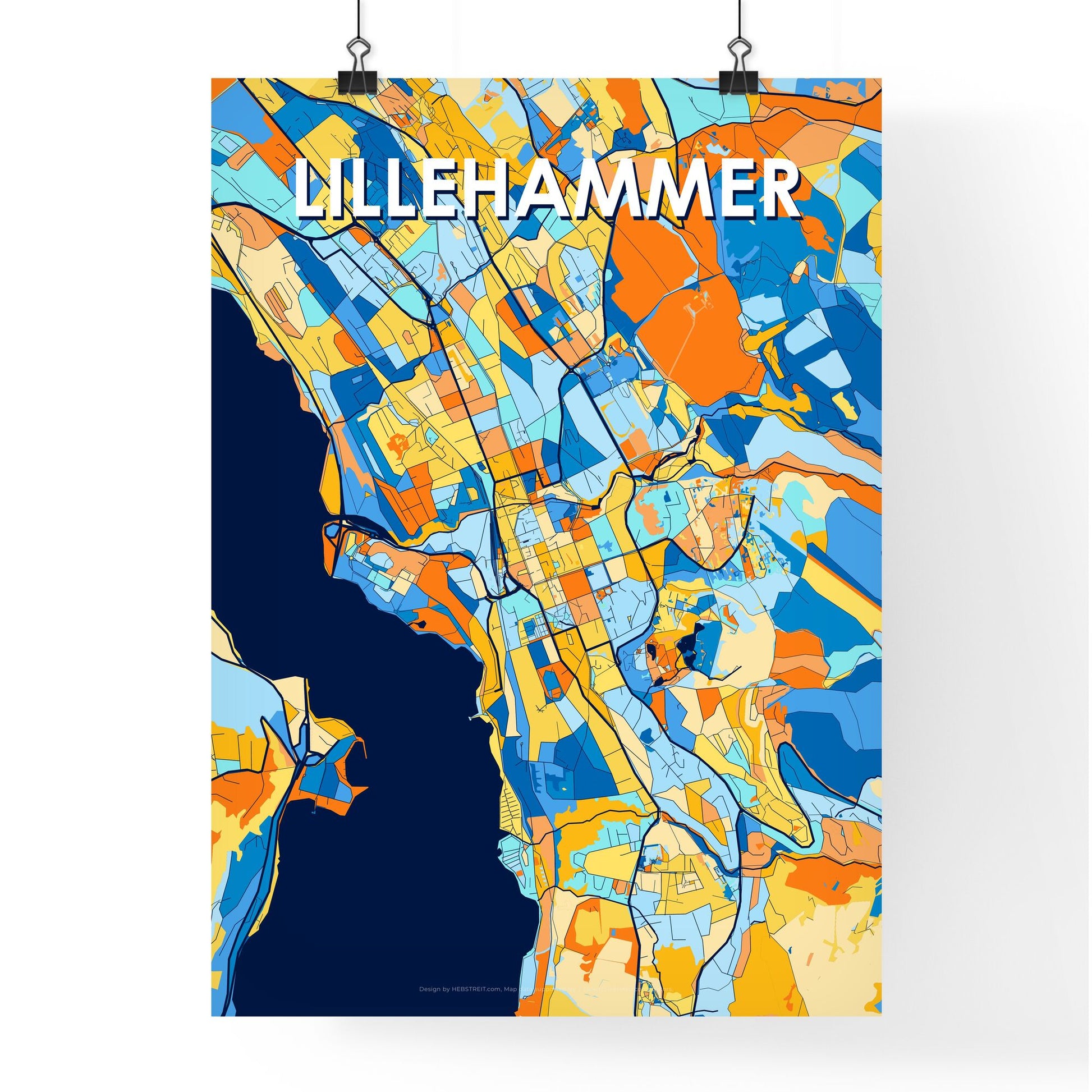 LILLEHAMMER NORWAY Vibrant Colorful Art Map Poster Blue Orange