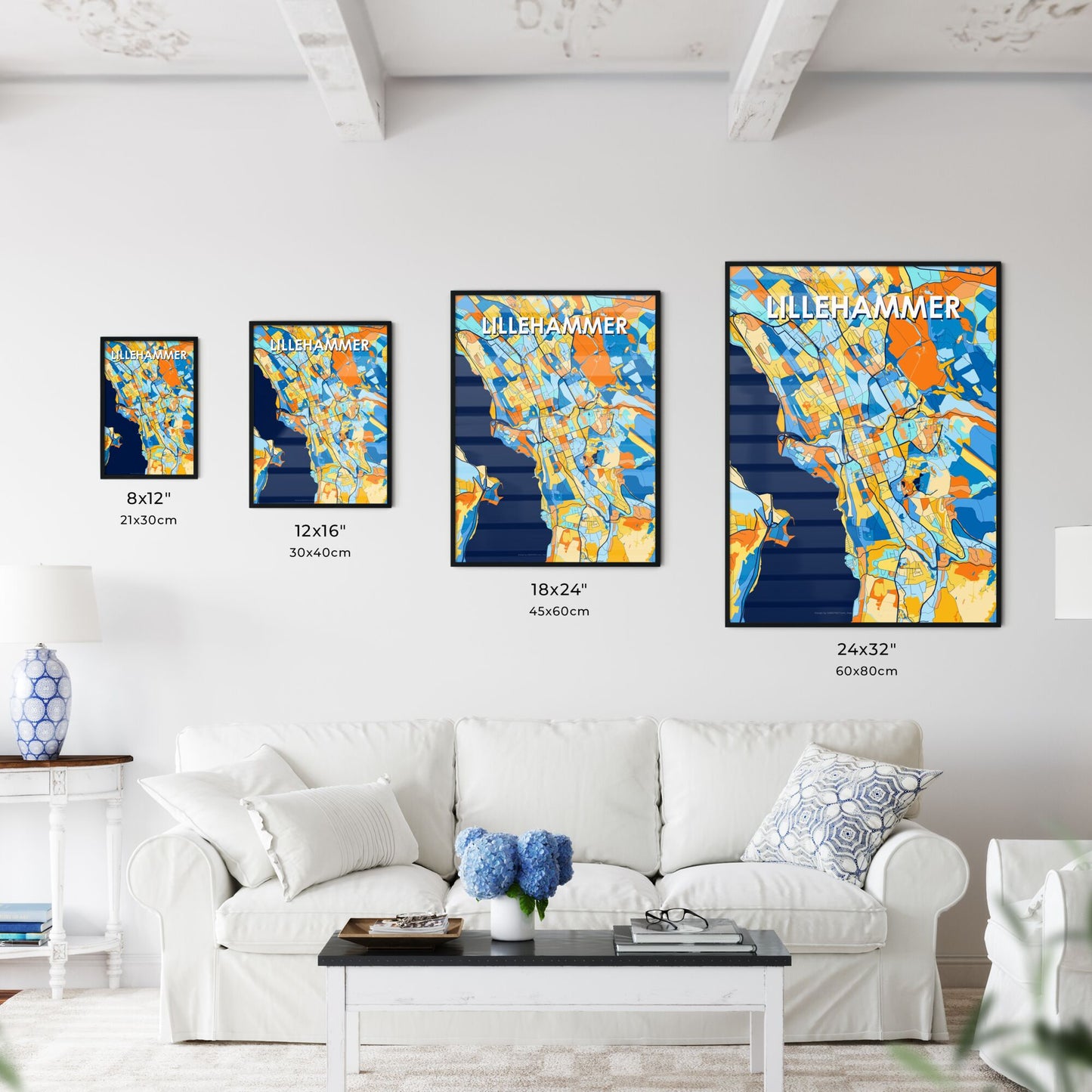 LILLEHAMMER NORWAY Vibrant Colorful Art Map Poster Blue Orange