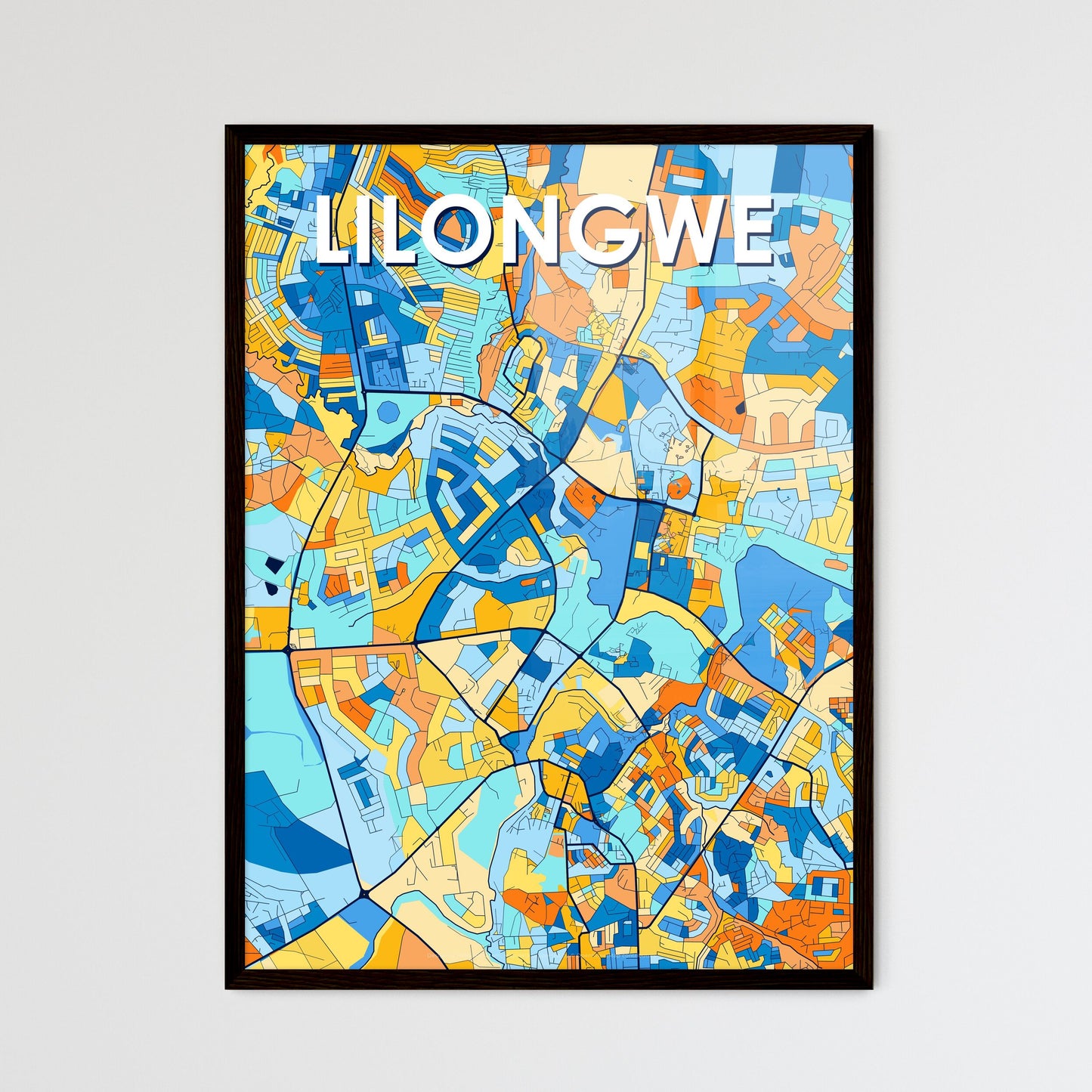 LILONGWE MALAWI Vibrant Colorful Art Map Poster Blue Orange