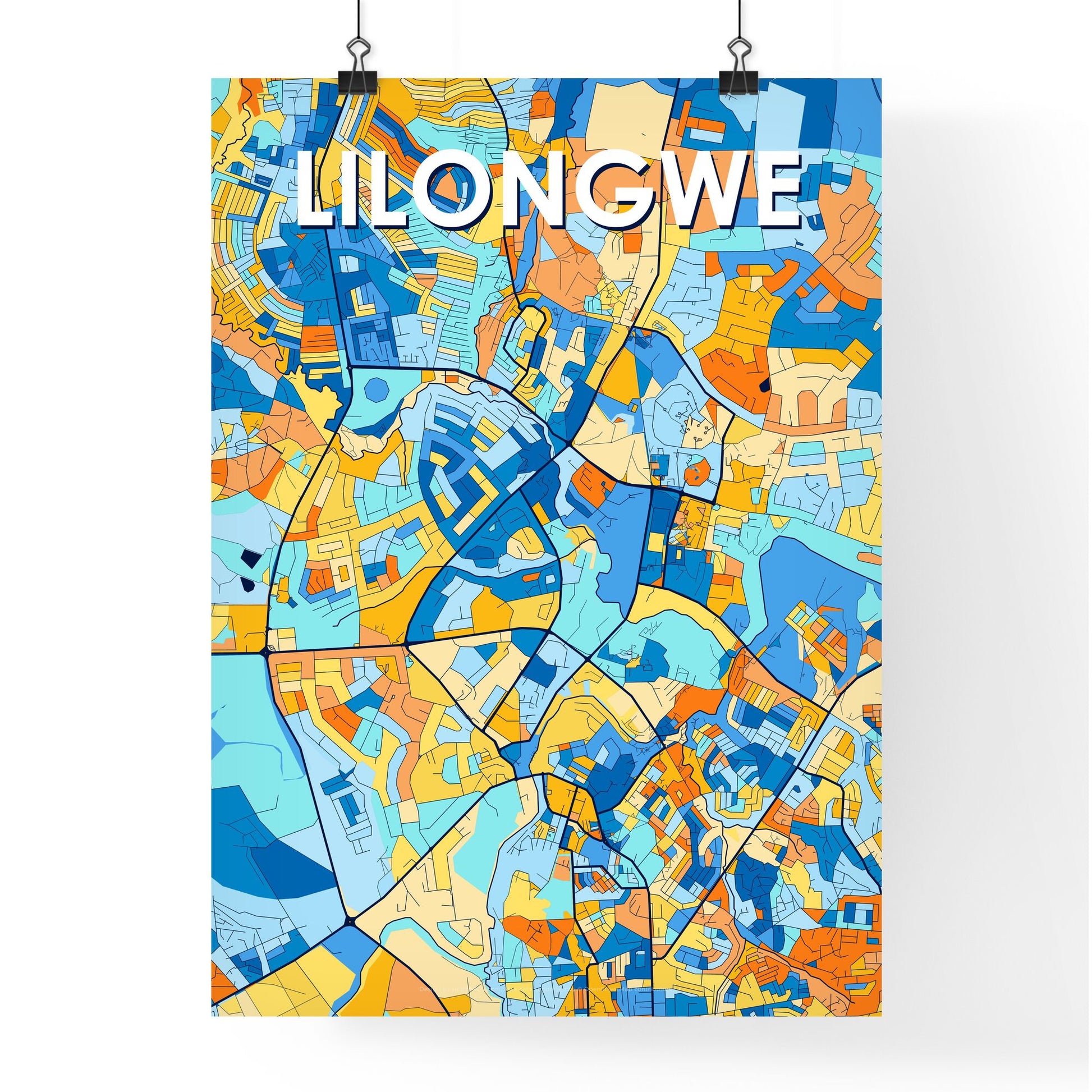 LILONGWE MALAWI Vibrant Colorful Art Map Poster Blue Orange