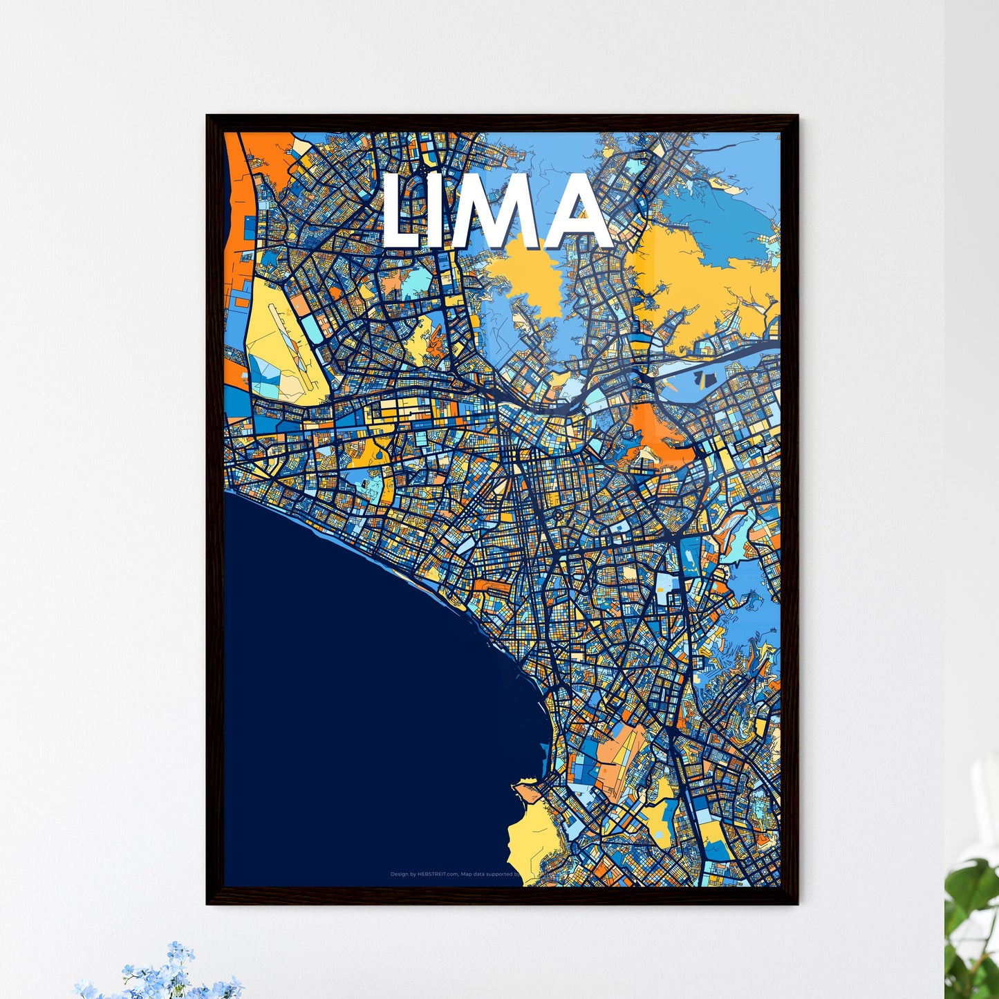 LIMA PERU Vibrant Colorful Art Map Poster Blue Orange