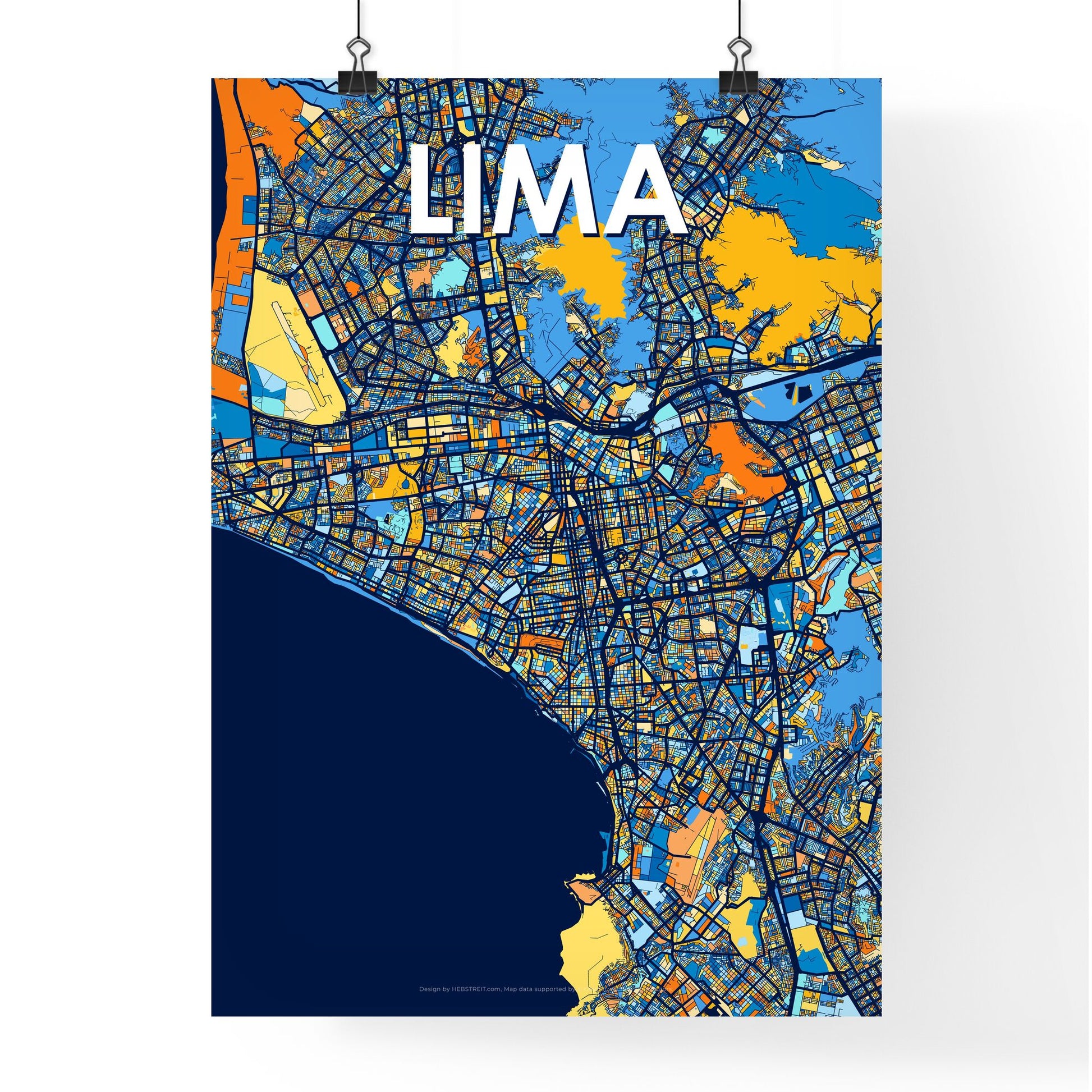 LIMA PERU Vibrant Colorful Art Map Poster Blue Orange