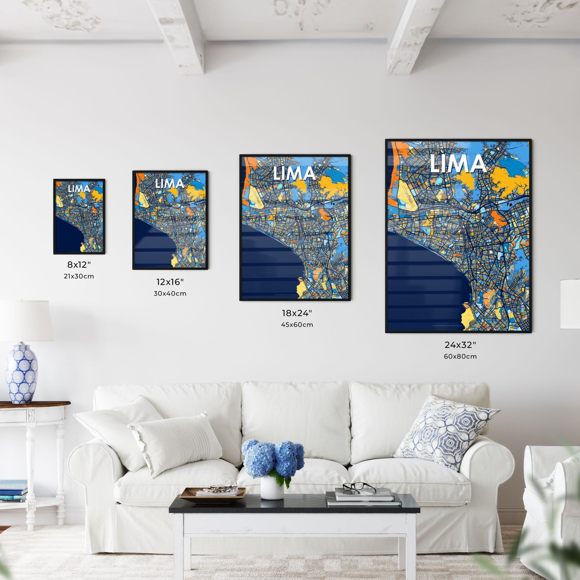 LIMA PERU Vibrant Colorful Art Map Poster Blue Orange