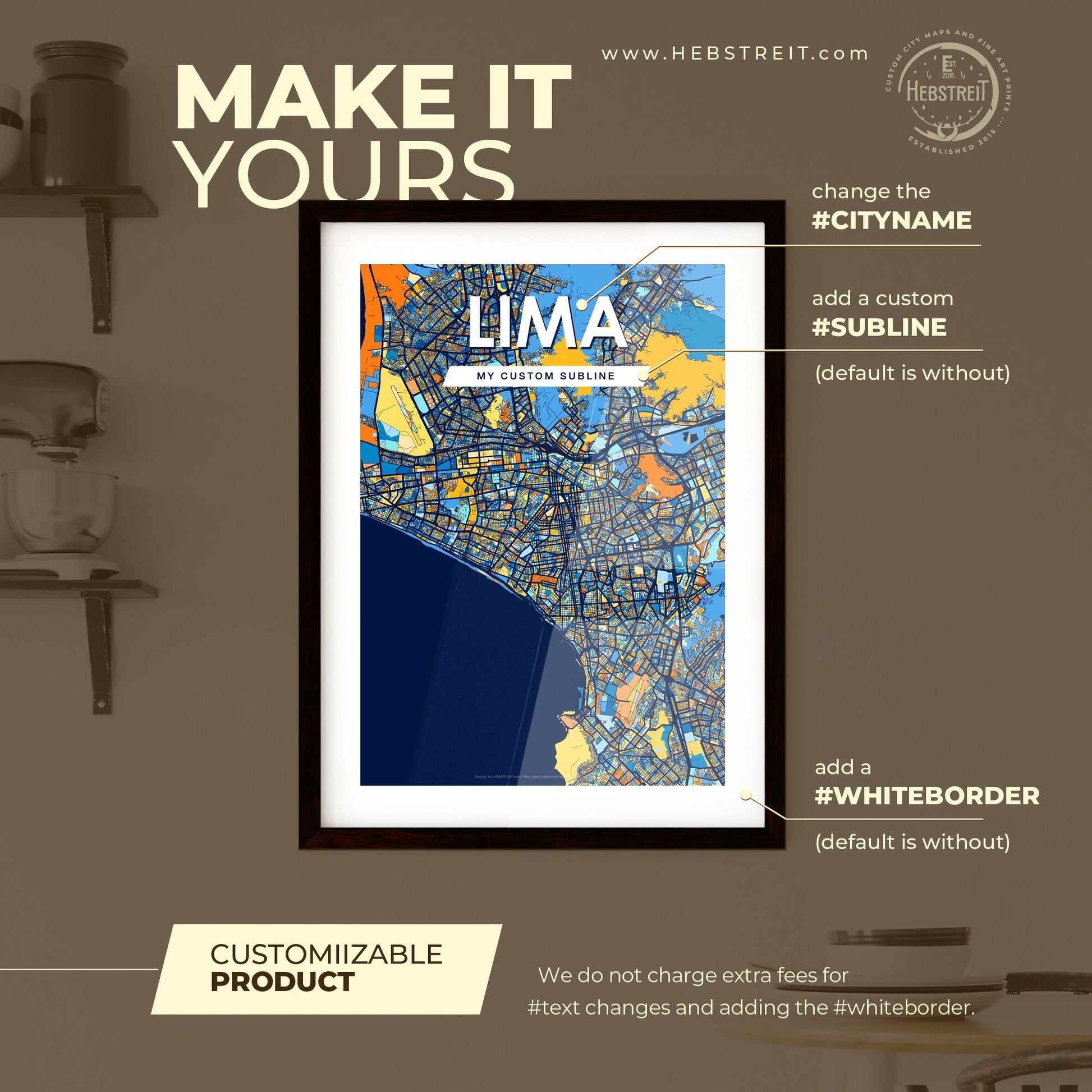 LIMA PERU Vibrant Colorful Art Map Poster Blue Orange