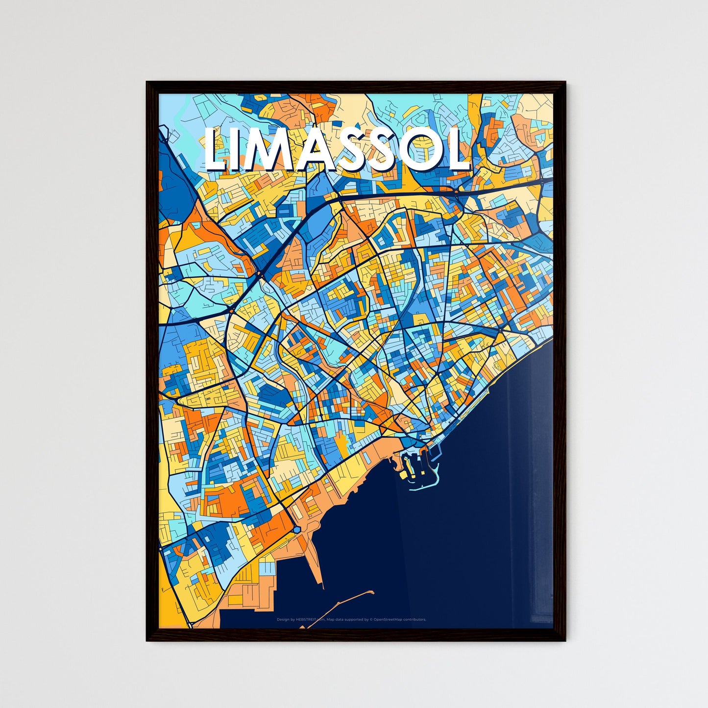 LIMASSOL CYPRUS Vibrant Colorful Art Map Poster Blue Orange