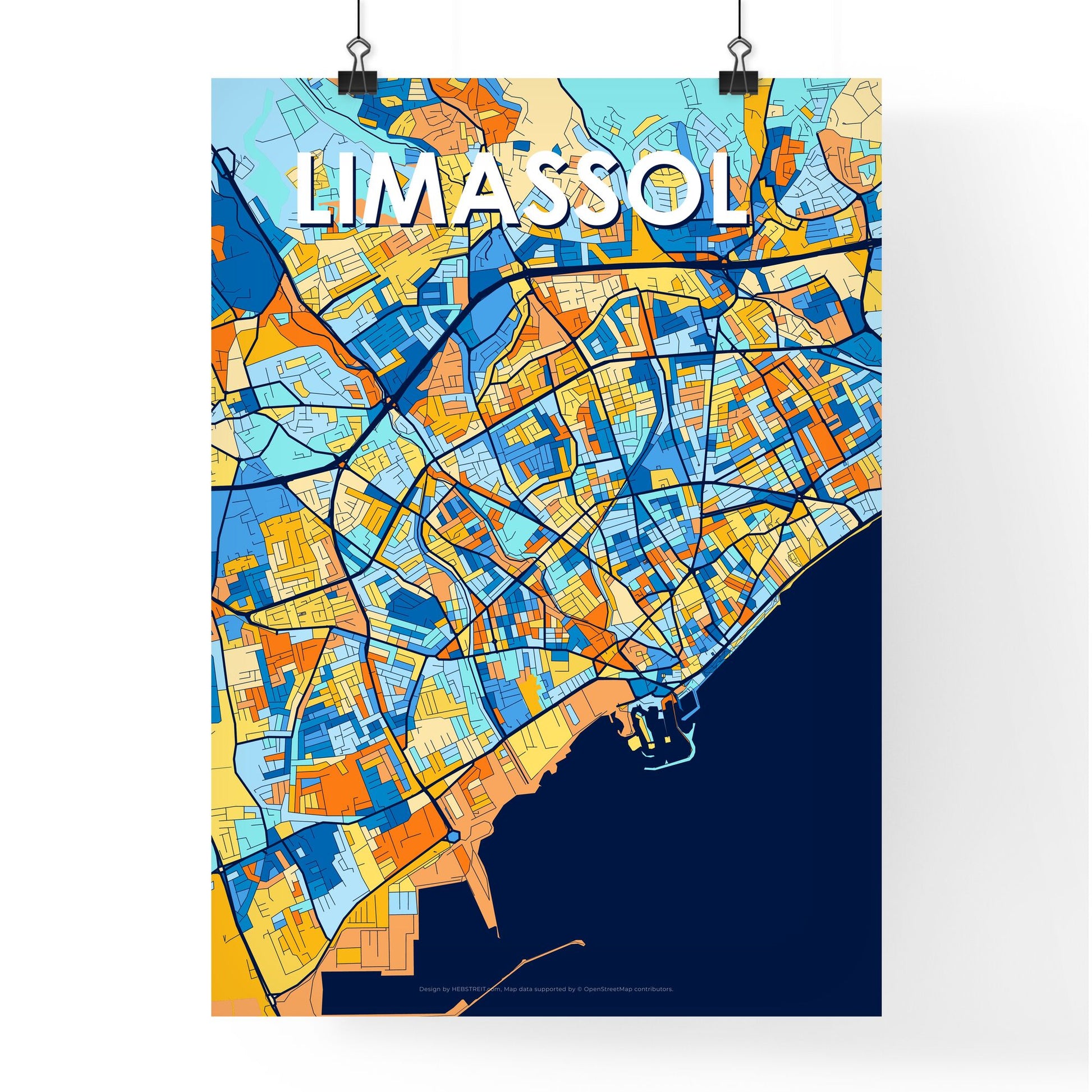 LIMASSOL CYPRUS Vibrant Colorful Art Map Poster Blue Orange