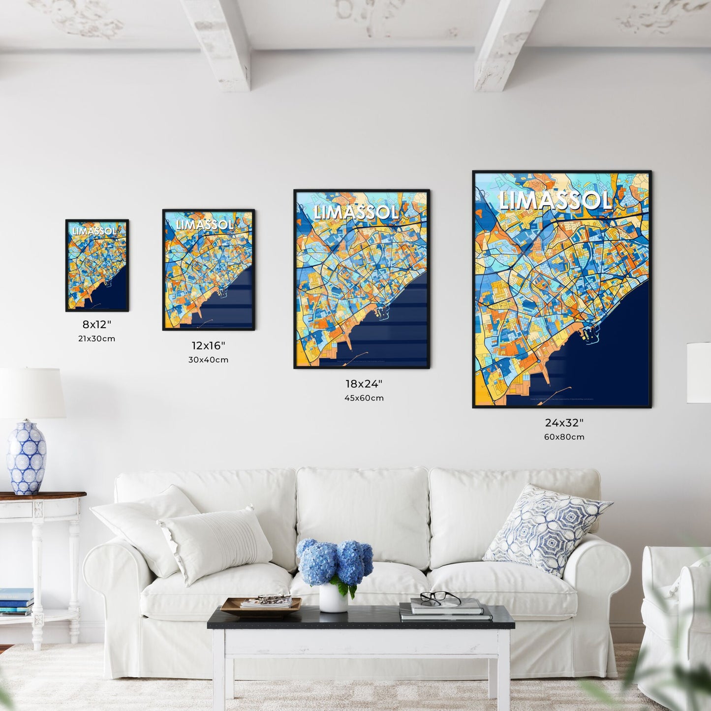 LIMASSOL CYPRUS Vibrant Colorful Art Map Poster Blue Orange