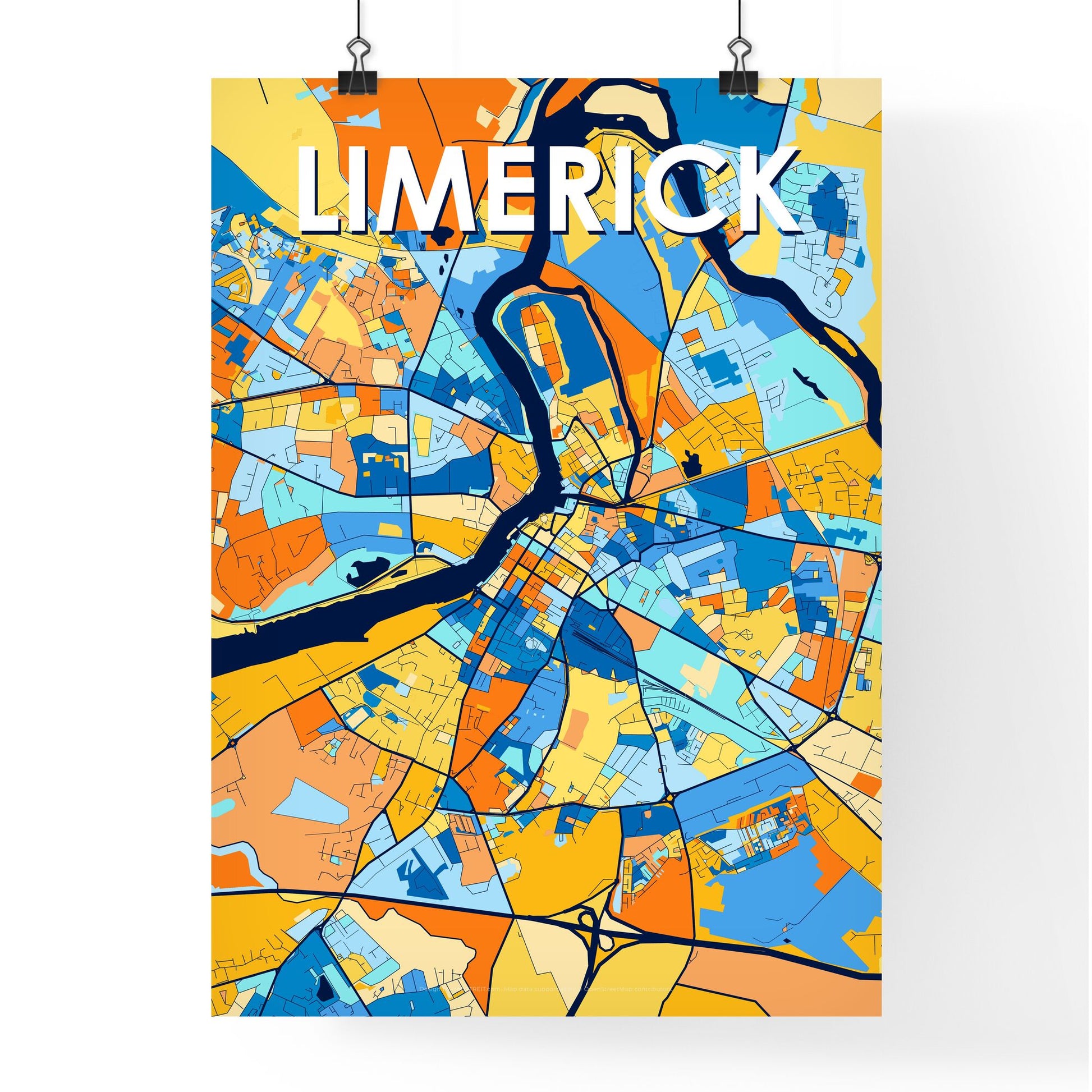 LIMERICK IRELAND Vibrant Colorful Art Map Poster Blue Orange