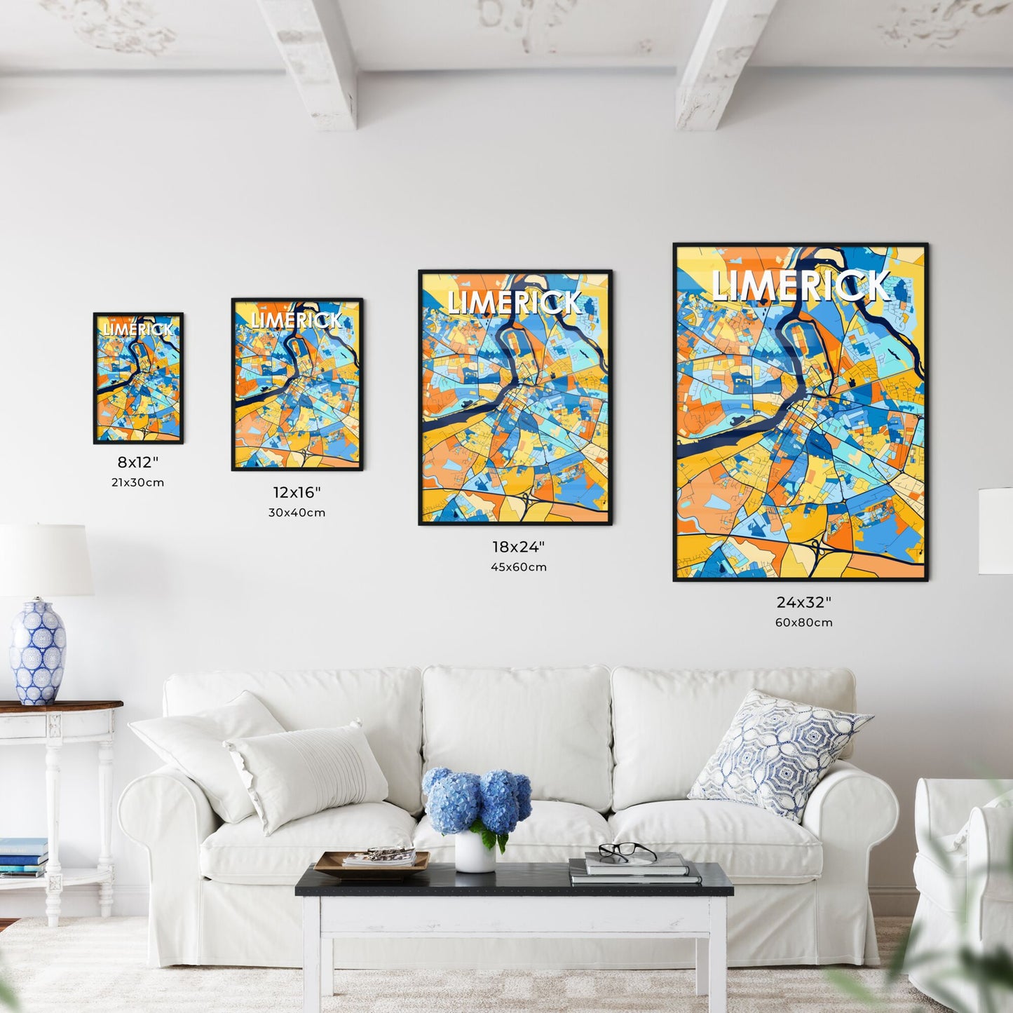 LIMERICK IRELAND Vibrant Colorful Art Map Poster Blue Orange