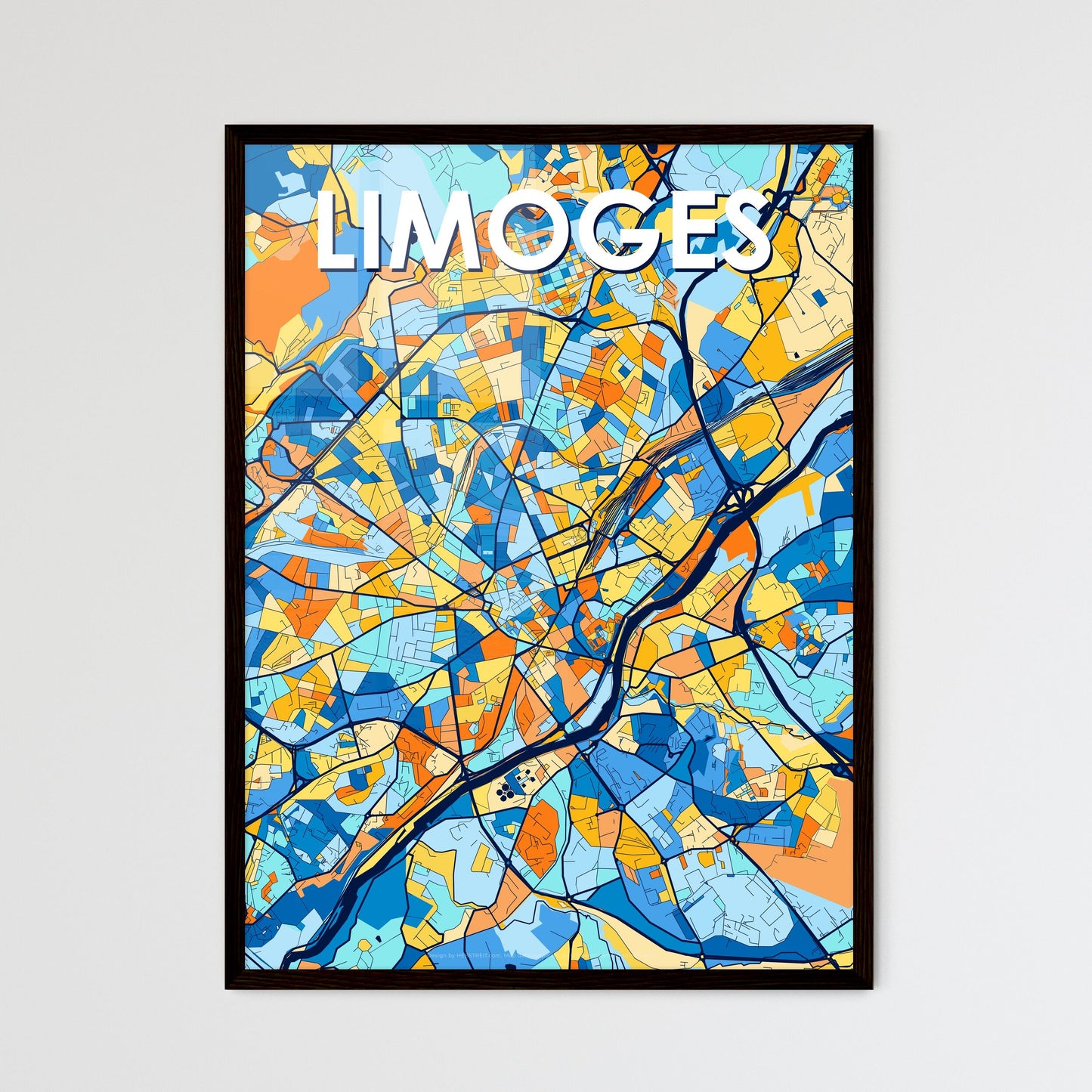 LIMOGES FRANCE Vibrant Colorful Art Map Poster Blue Orange