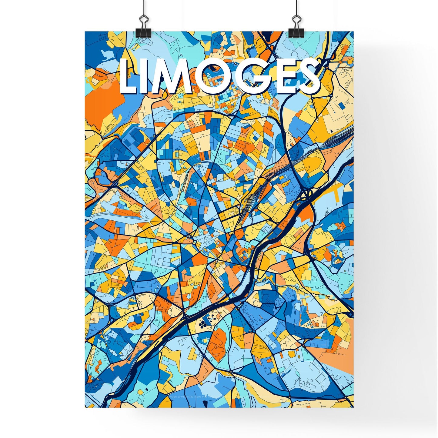 LIMOGES FRANCE Vibrant Colorful Art Map Poster Blue Orange