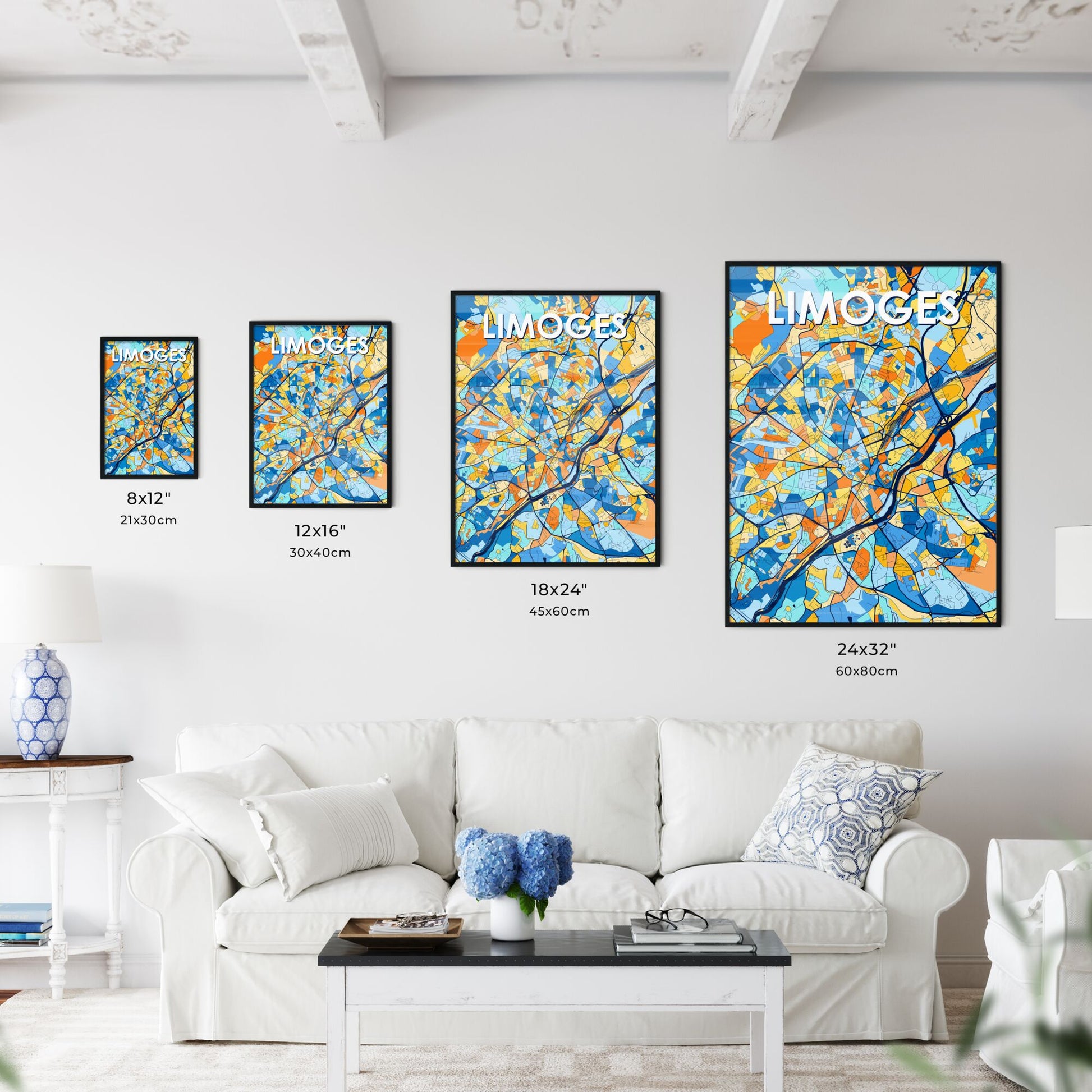 LIMOGES FRANCE Vibrant Colorful Art Map Poster Blue Orange