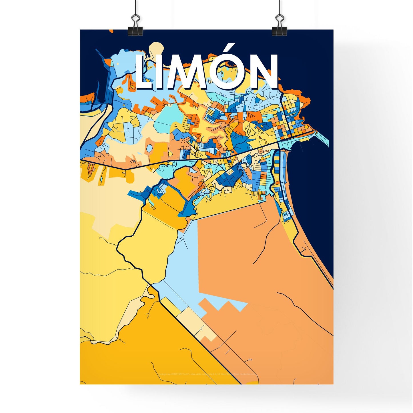 LIMÓN COSTA RICA Vibrant Colorful Art Map Poster Blue Orange