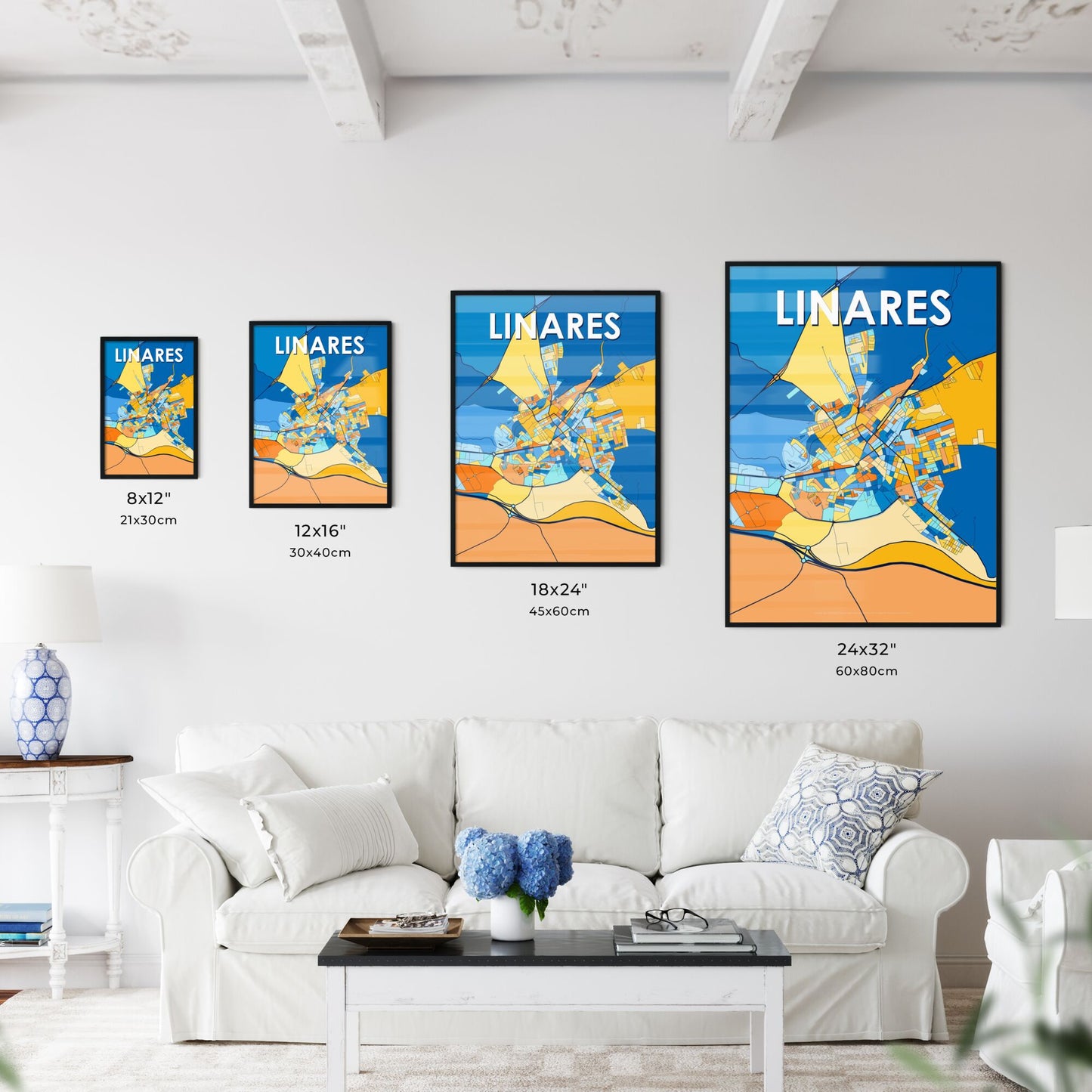 LINARES SPAIN Vibrant Colorful Art Map Poster Blue Orange