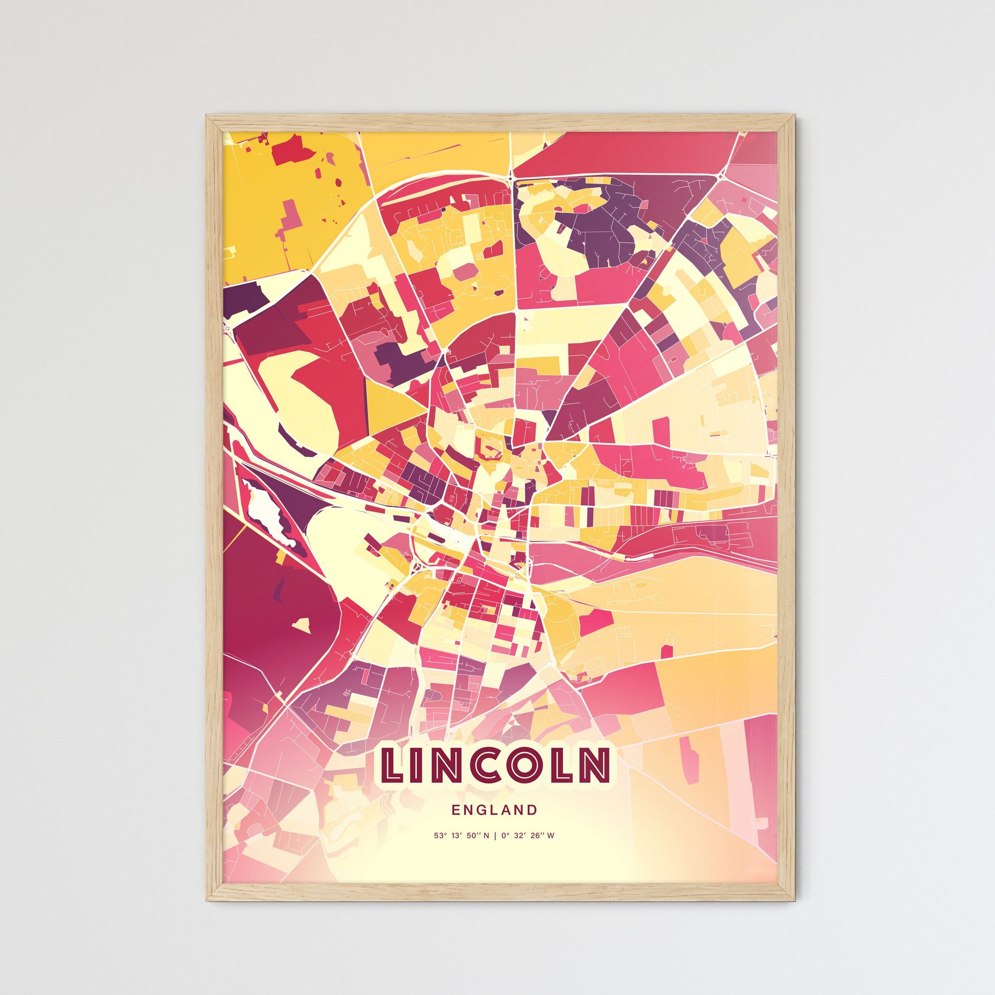 Colorful Lincoln England Fine Art Map Hot Red