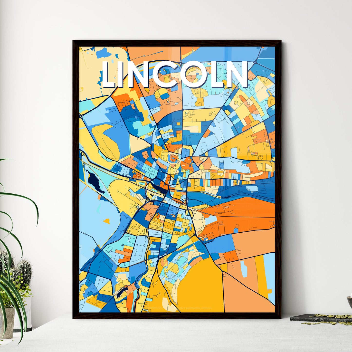 LINCOLN ENGLAND Vibrant Colorful Art Map Poster Blue Orange