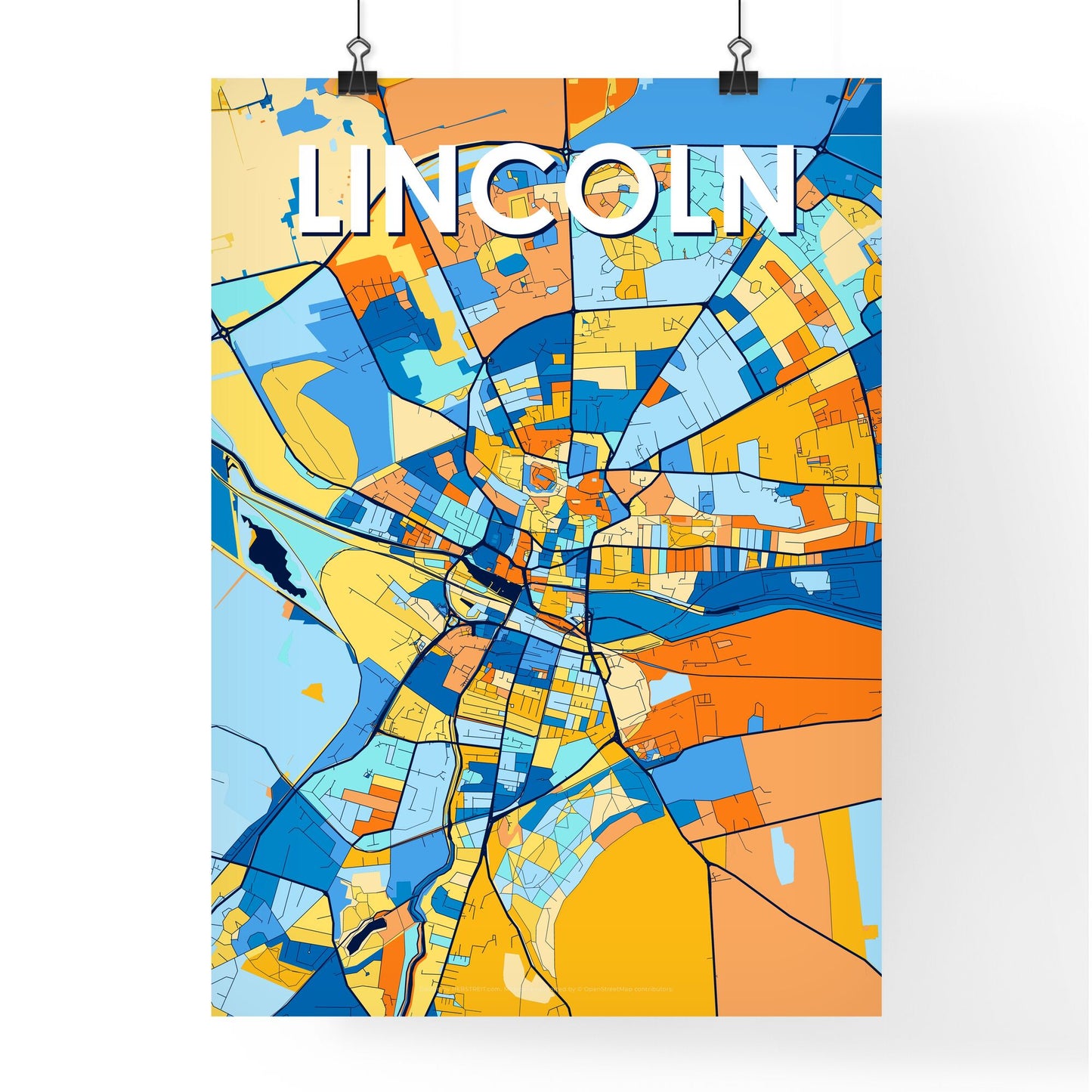 LINCOLN ENGLAND Vibrant Colorful Art Map Poster Blue Orange