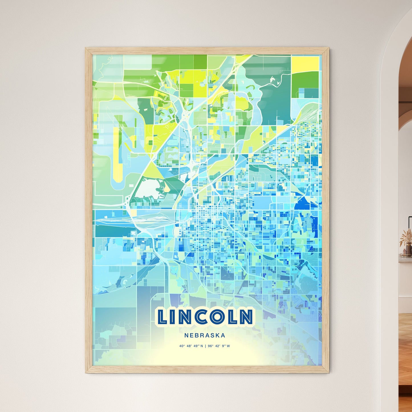 Colorful Lincoln Nebraska Fine Art Map Cool Blue