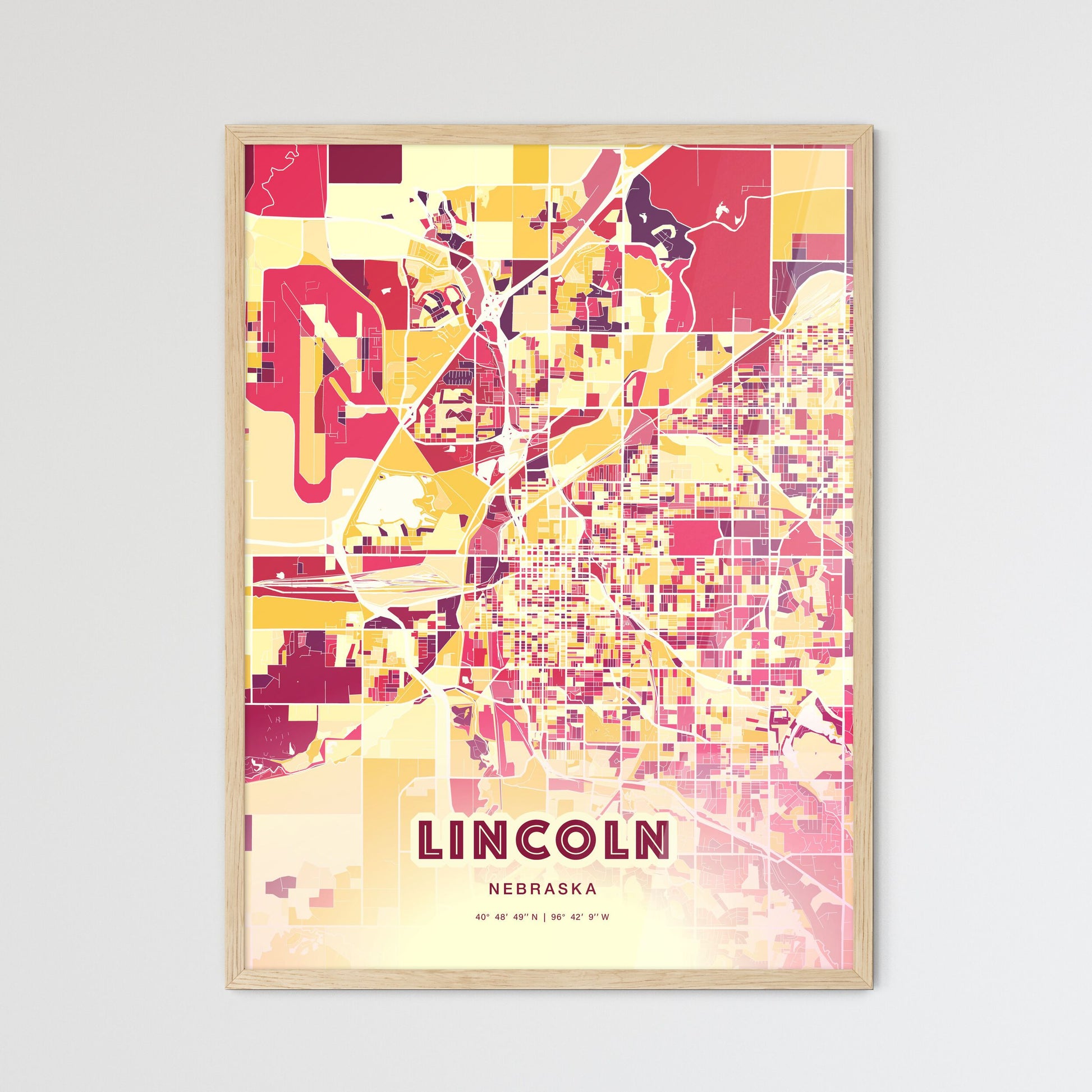 Colorful Lincoln Nebraska Fine Art Map Hot Red