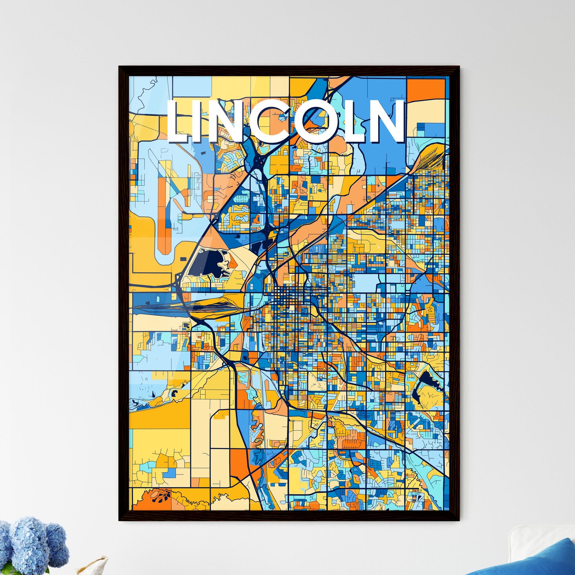 LINCOLN NEBRASKA Vibrant Colorful Art Map Poster Blue Orange