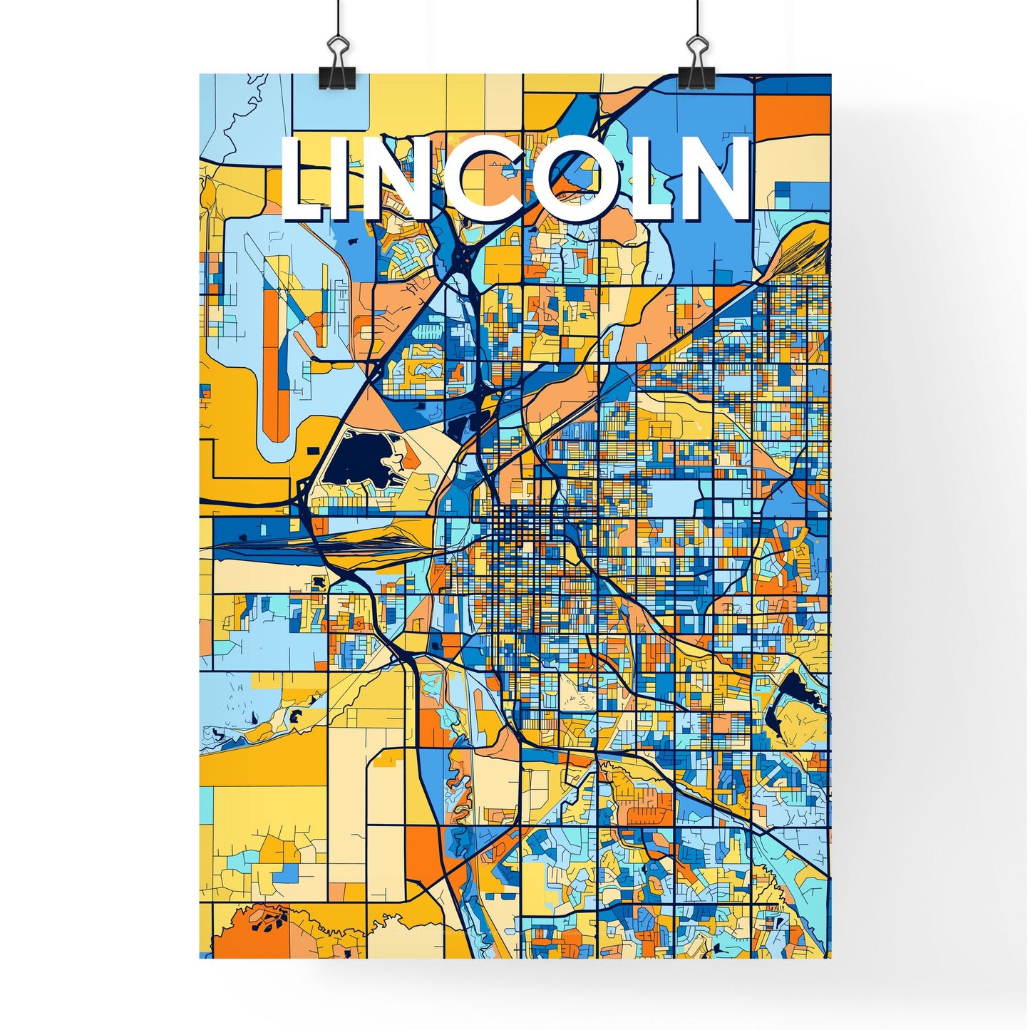 LINCOLN NEBRASKA Vibrant Colorful Art Map Poster Blue Orange