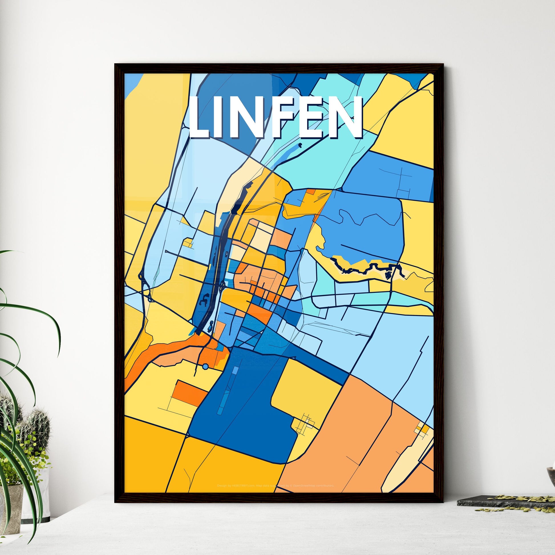 LINFEN CHINA Vibrant Colorful Art Map Poster Blue Orange