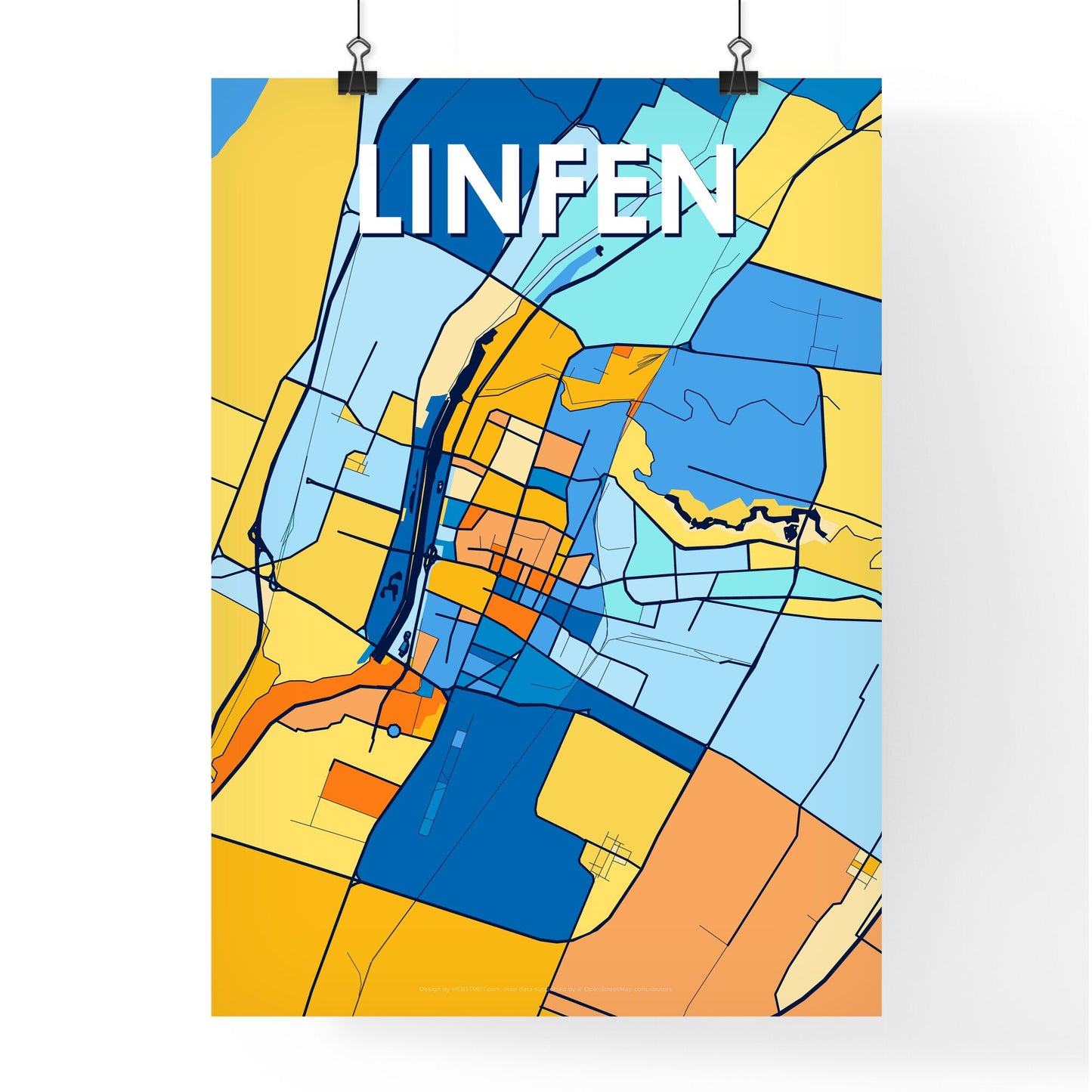 LINFEN CHINA Vibrant Colorful Art Map Poster Blue Orange