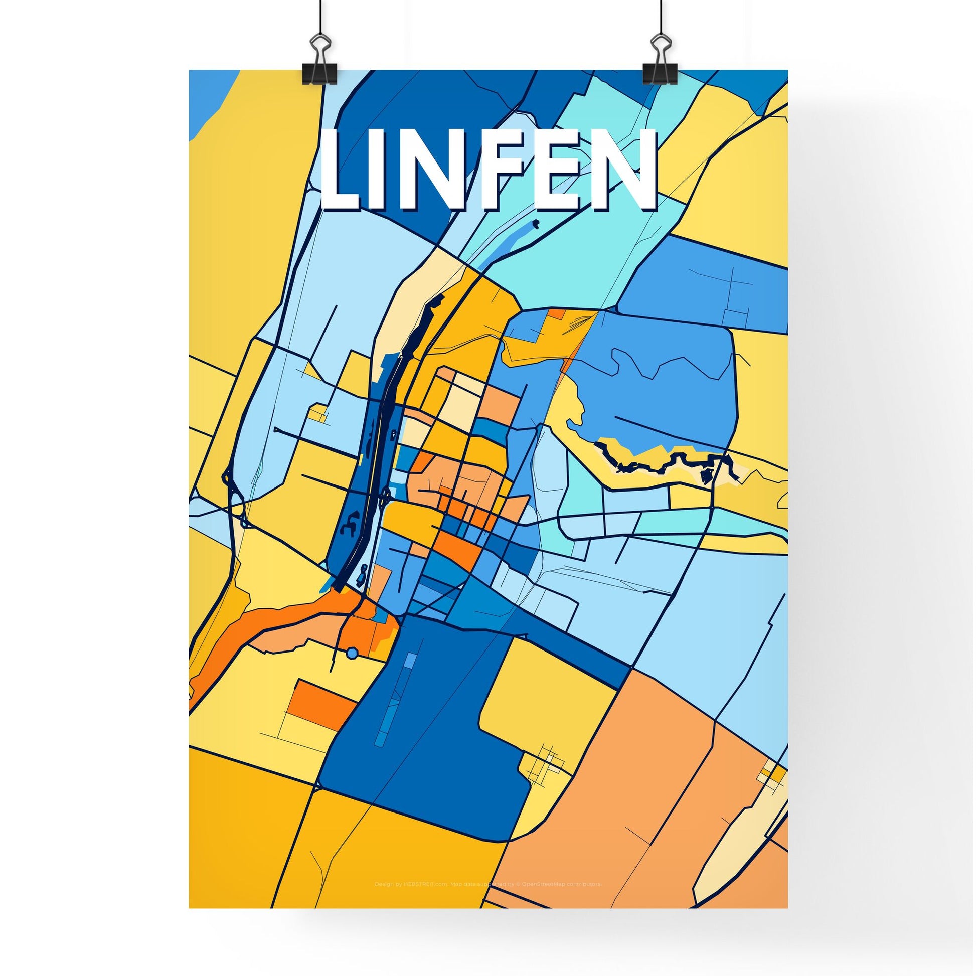 LINFEN CHINA Vibrant Colorful Art Map Poster Blue Orange