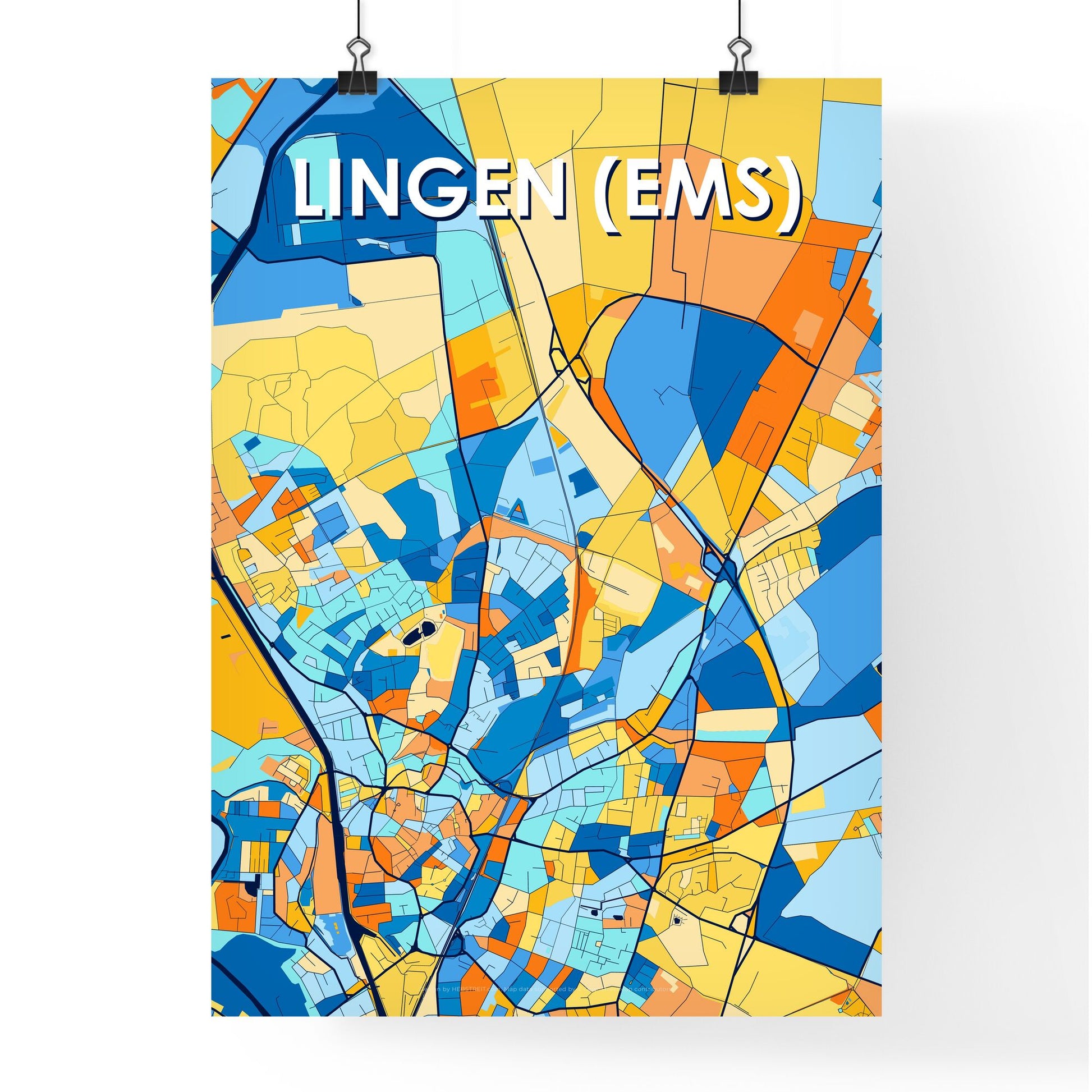 LINGEN (EMS) GERMANY Vibrant Colorful Art Map Poster Blue Orange