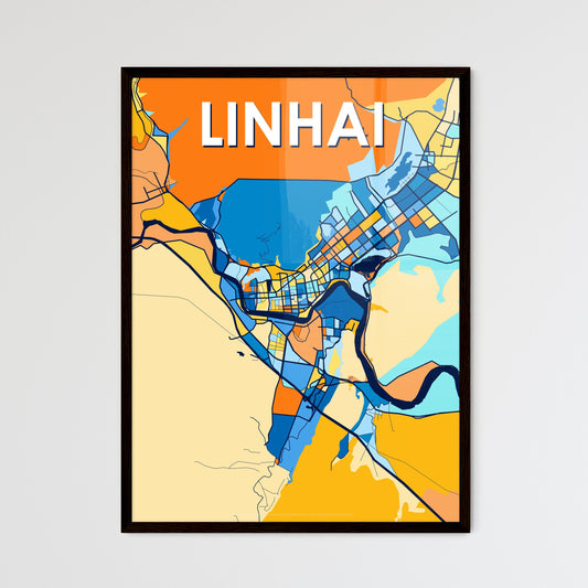 LINHAI CHINA Vibrant Colorful Art Map Poster Blue Orange