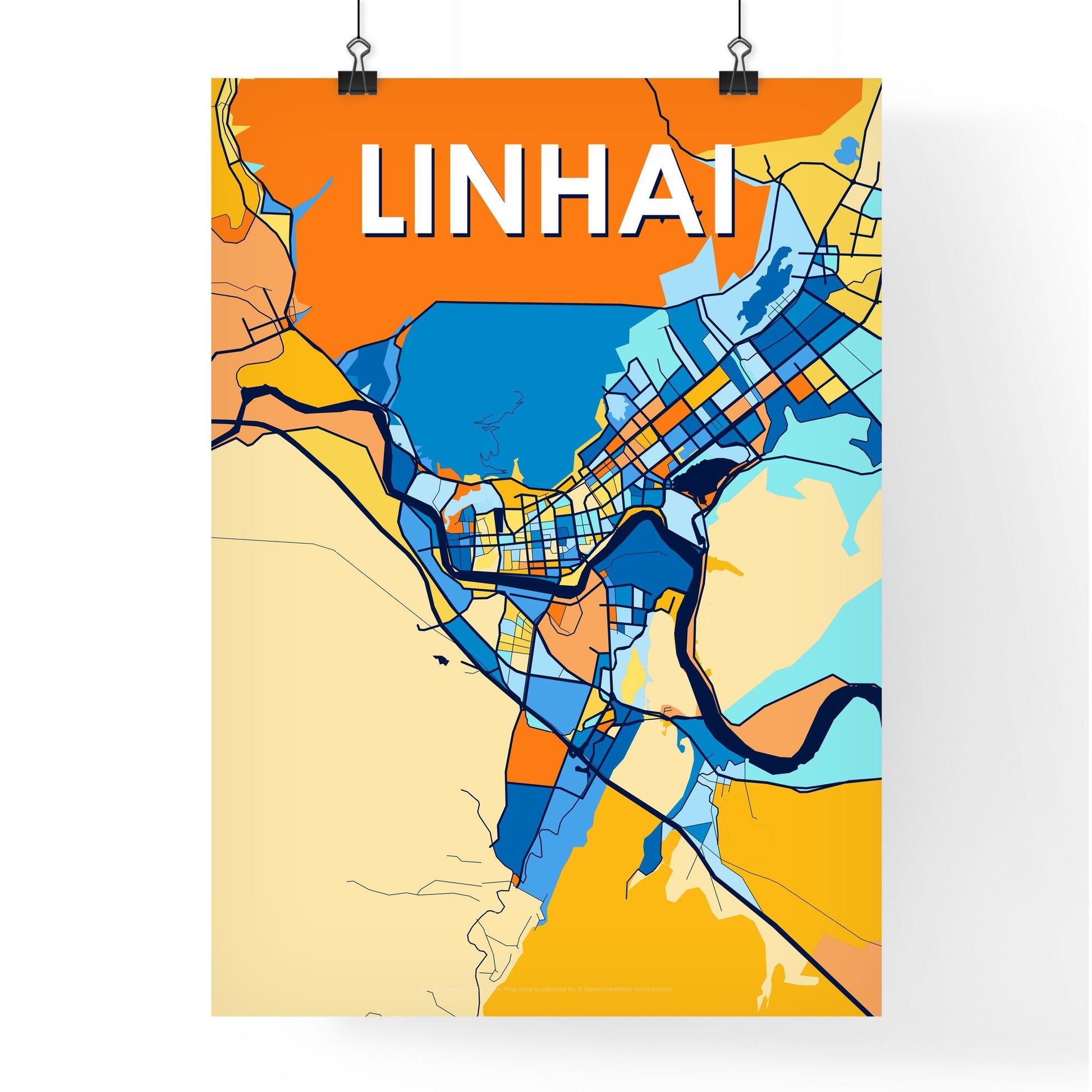 LINHAI CHINA Vibrant Colorful Art Map Poster Blue Orange