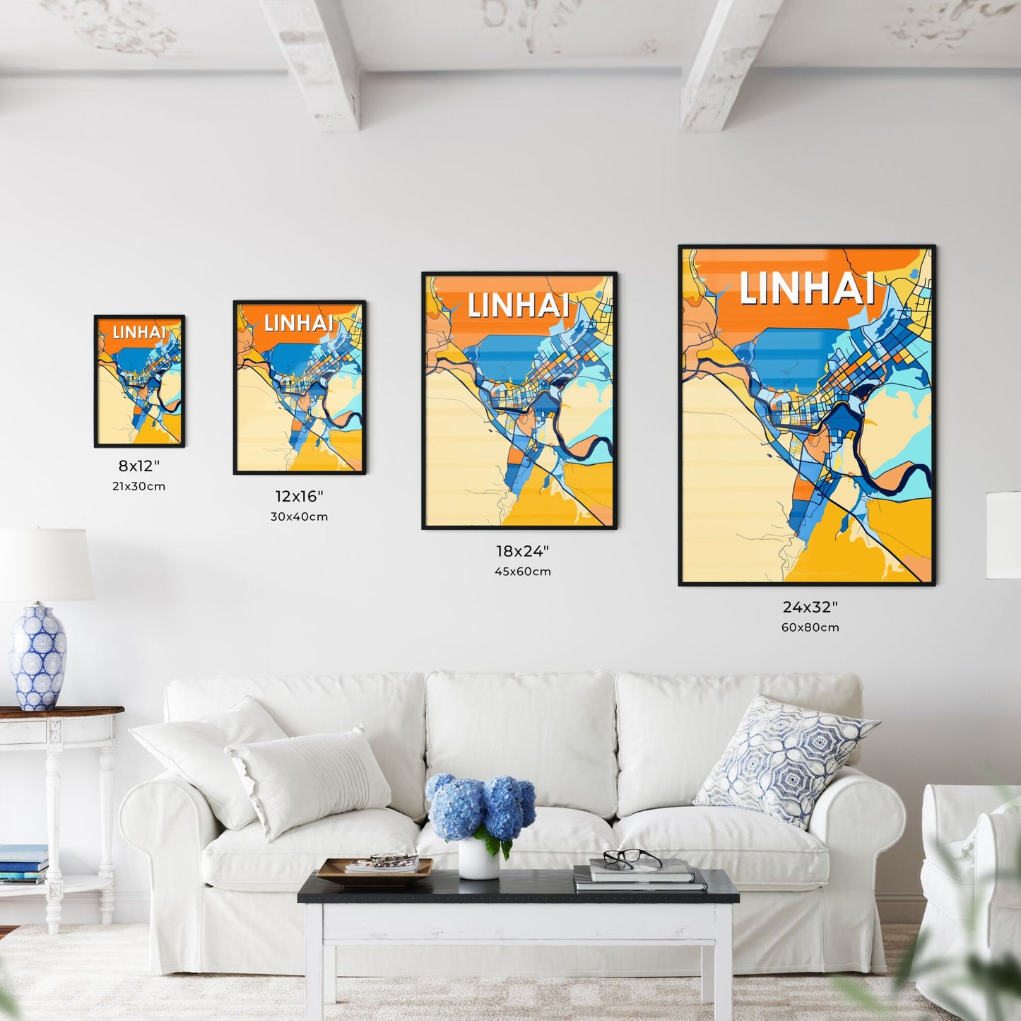 LINHAI CHINA Vibrant Colorful Art Map Poster Blue Orange