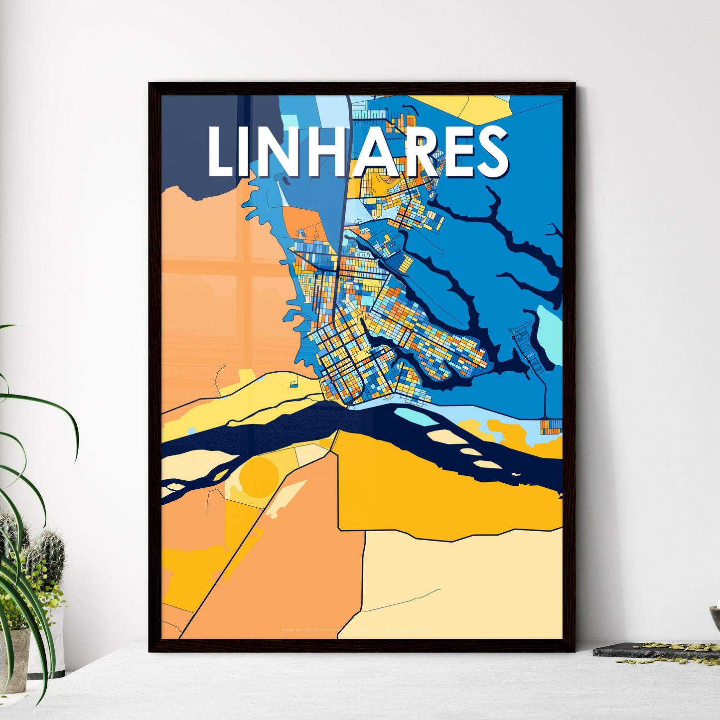 LINHARES BRAZIL Vibrant Colorful Art Map Poster Blue Orange