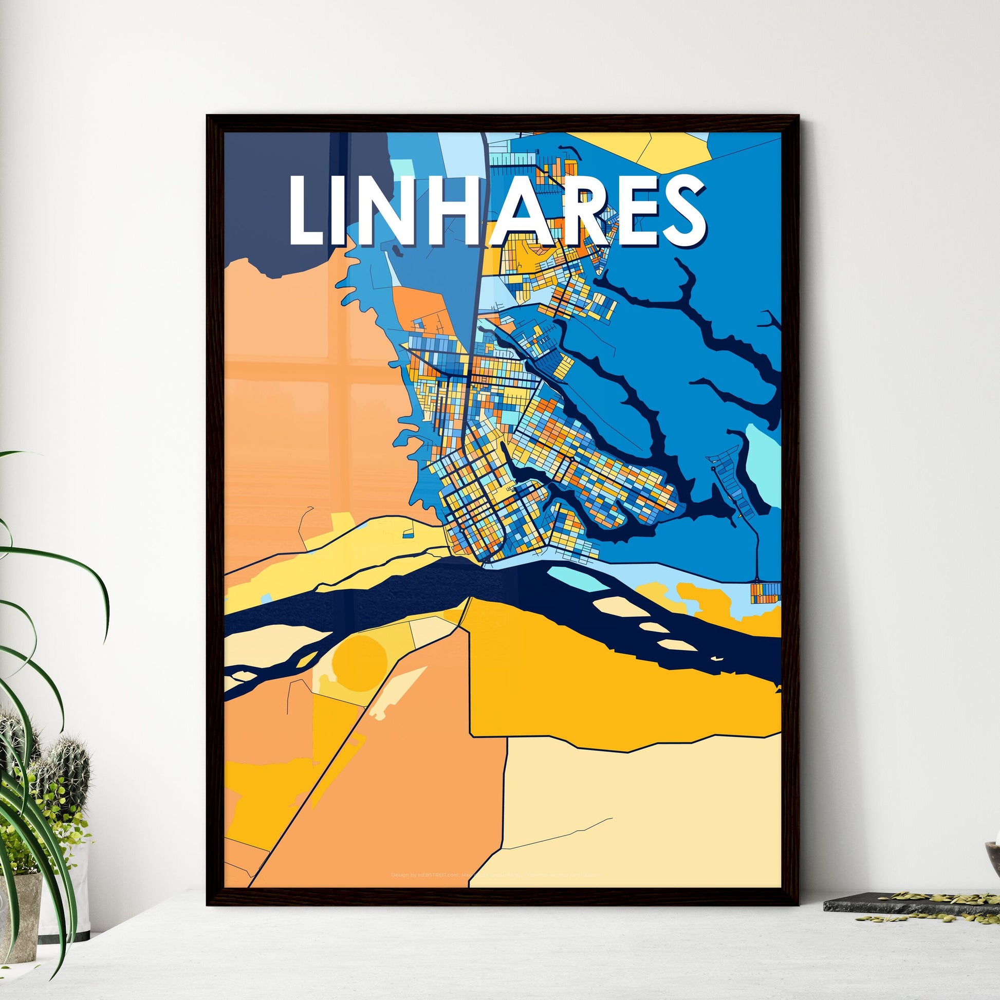 LINHARES BRAZIL Vibrant Colorful Art Map Poster Blue Orange