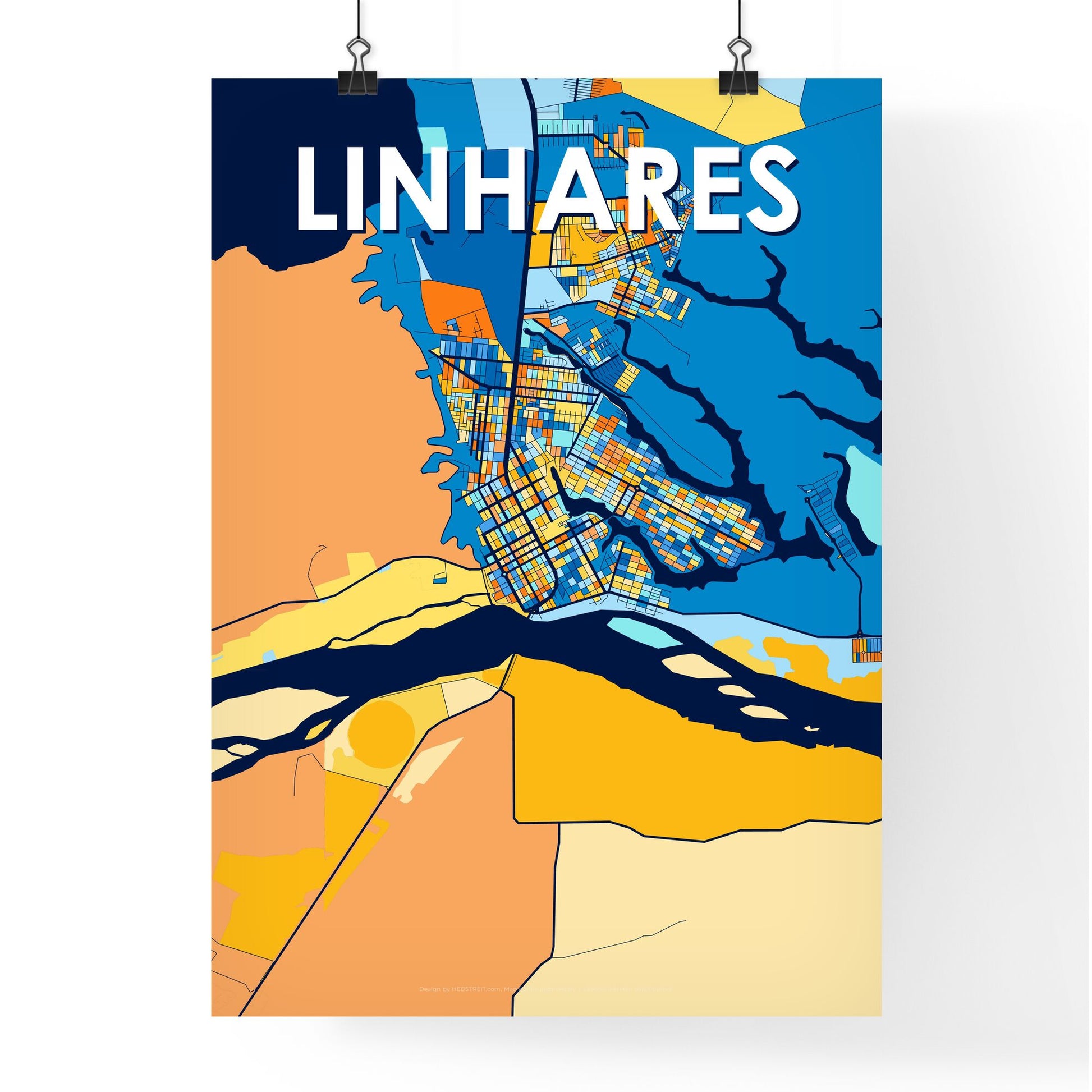 LINHARES BRAZIL Vibrant Colorful Art Map Poster Blue Orange