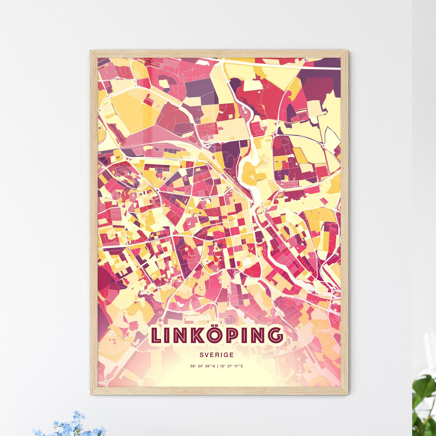 Colorful Linköping Sweden Fine Art Map Print Hot Red