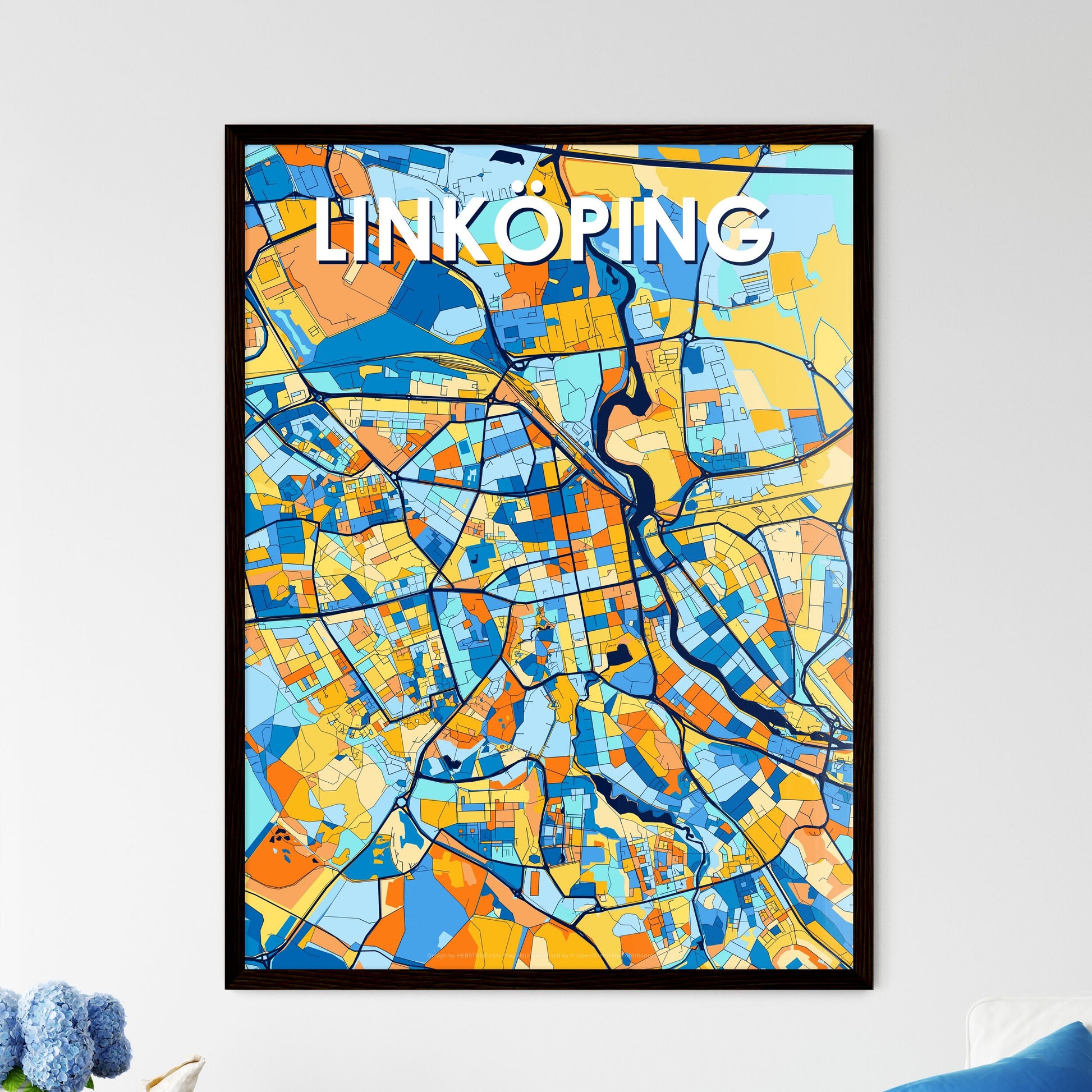 LINKÖPING SWEDEN Vibrant Colorful Art Map Poster Blue Orange