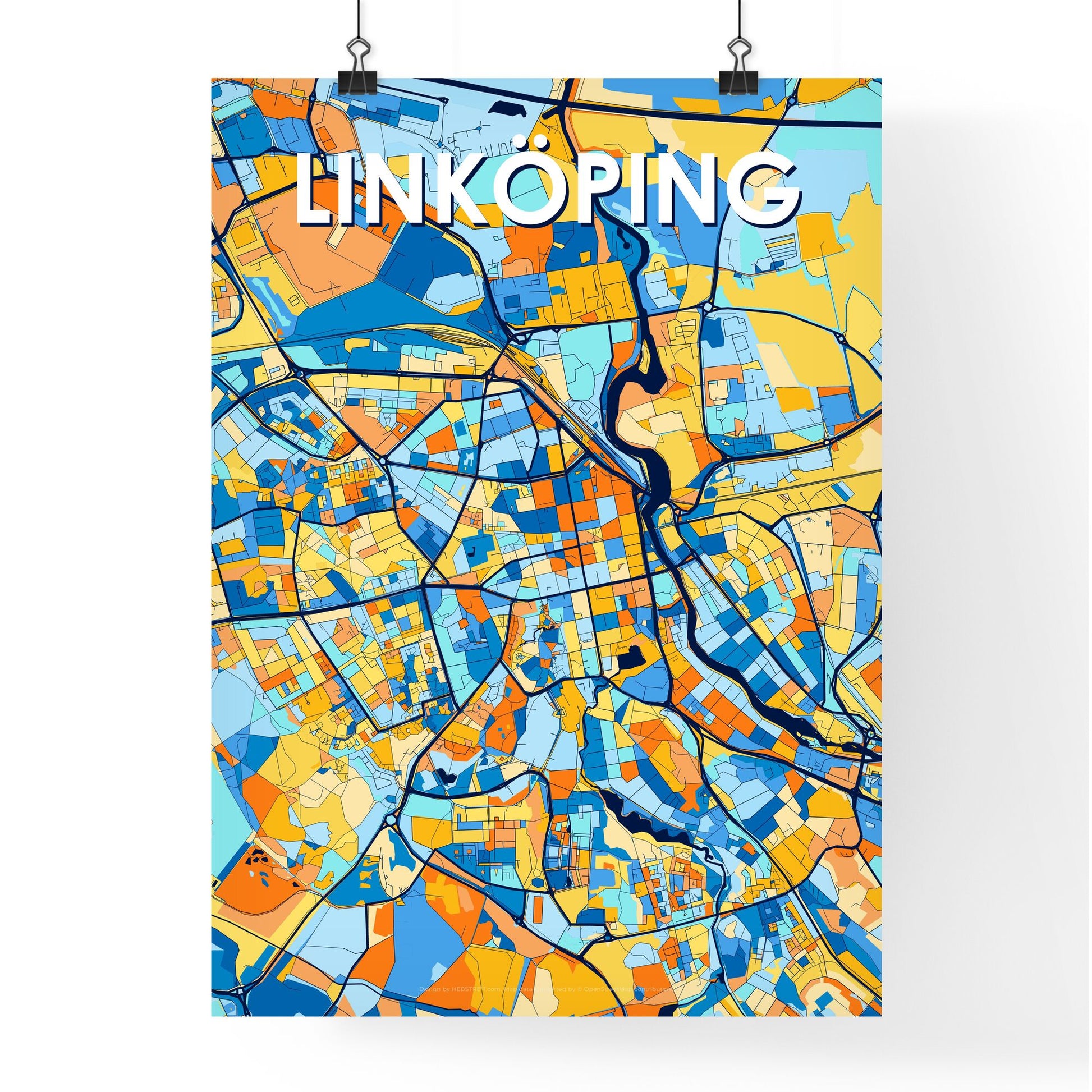 LINKÖPING SWEDEN Vibrant Colorful Art Map Poster Blue Orange