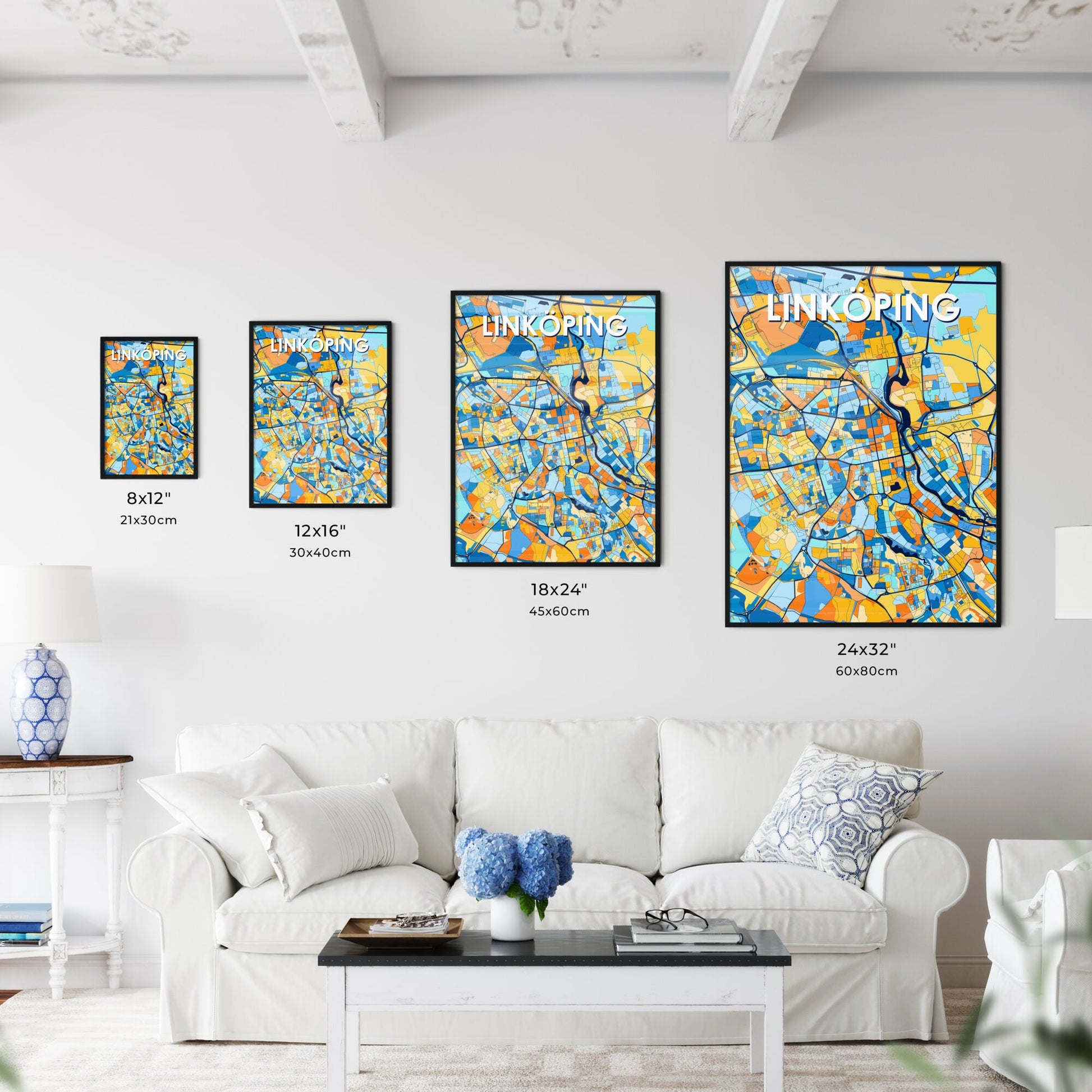 LINKÖPING SWEDEN Vibrant Colorful Art Map Poster Blue Orange