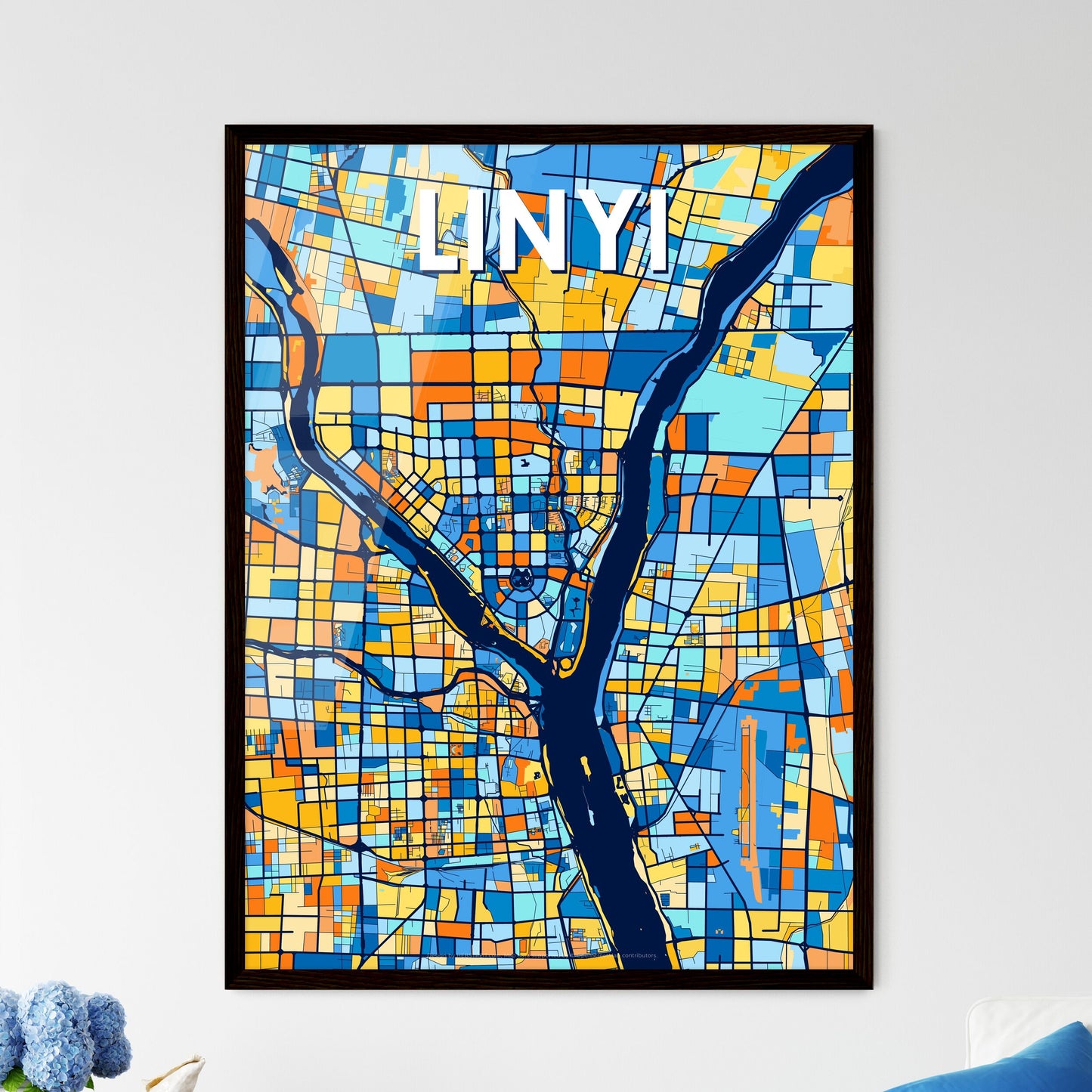 LINYI CHINA Vibrant Colorful Art Map Poster Blue Orange