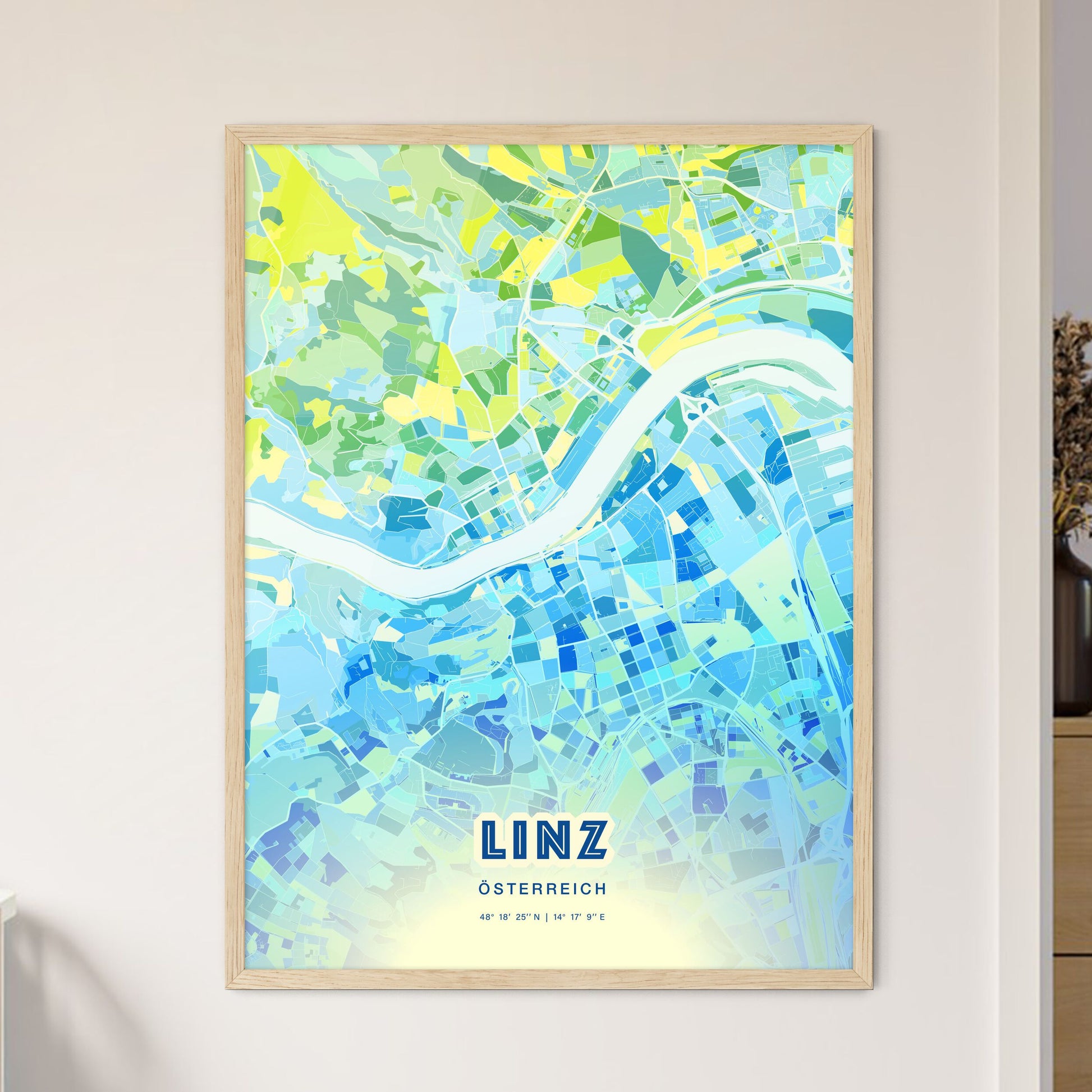 Colorful Linz Austria Fine Art Map Cool Blue