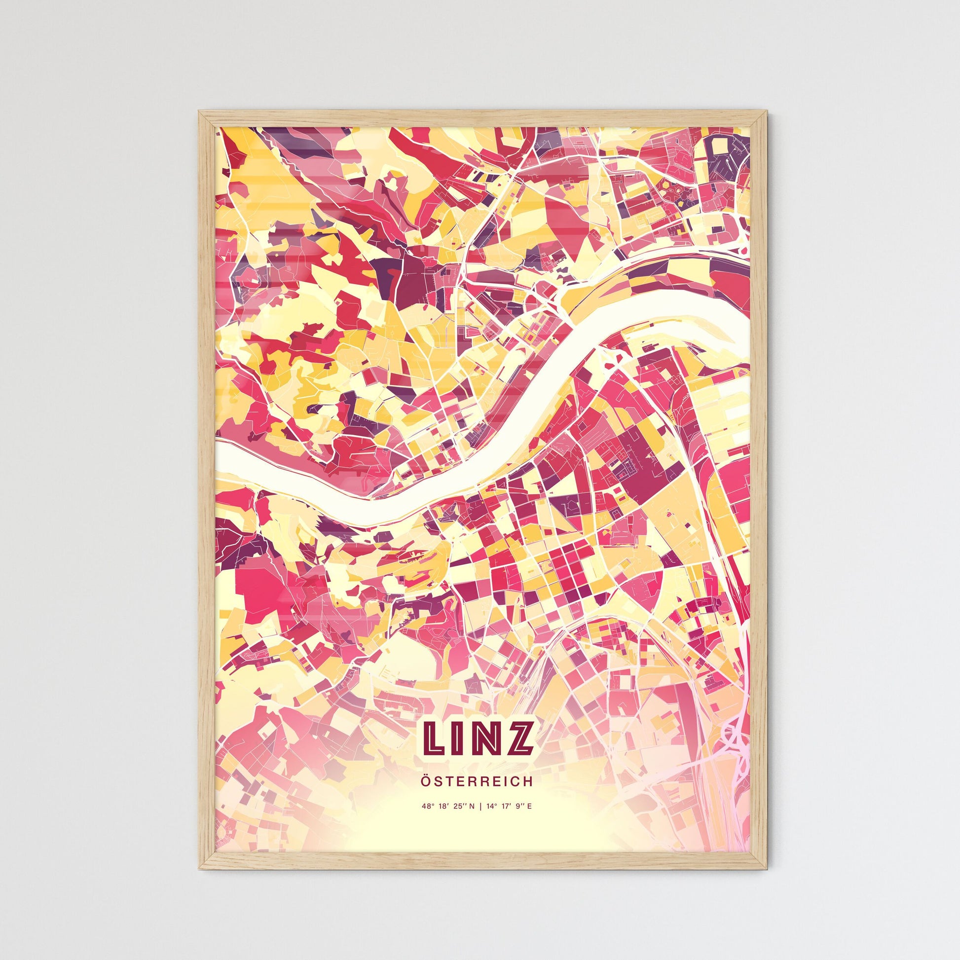 Colorful Linz Austria Fine Art Map Hot Red